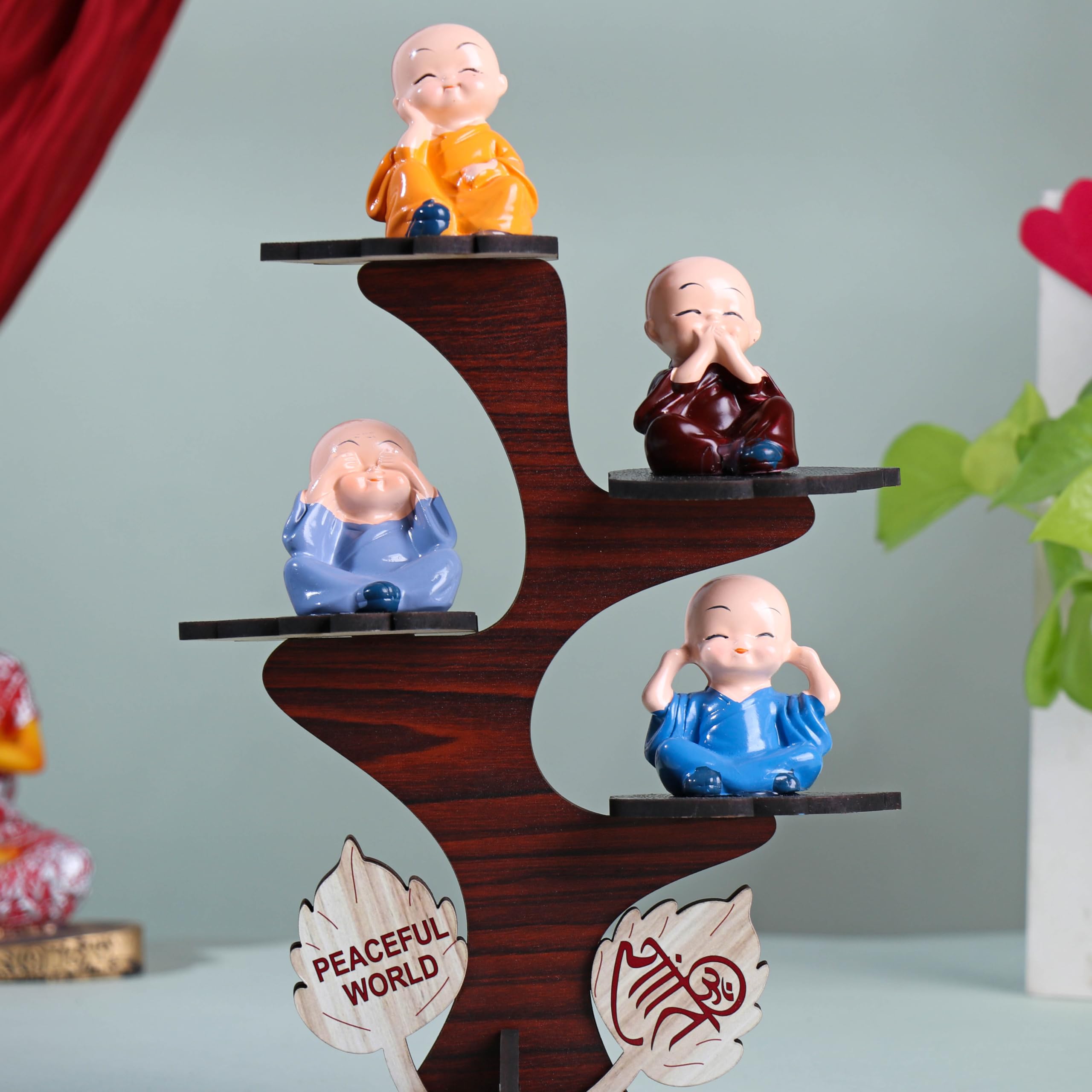 Floweraura Decorative Set Of 4 Adorable Buddha Monk Figurines With Wooden Stand For Peaceful Home Decor & Office Decor, Special