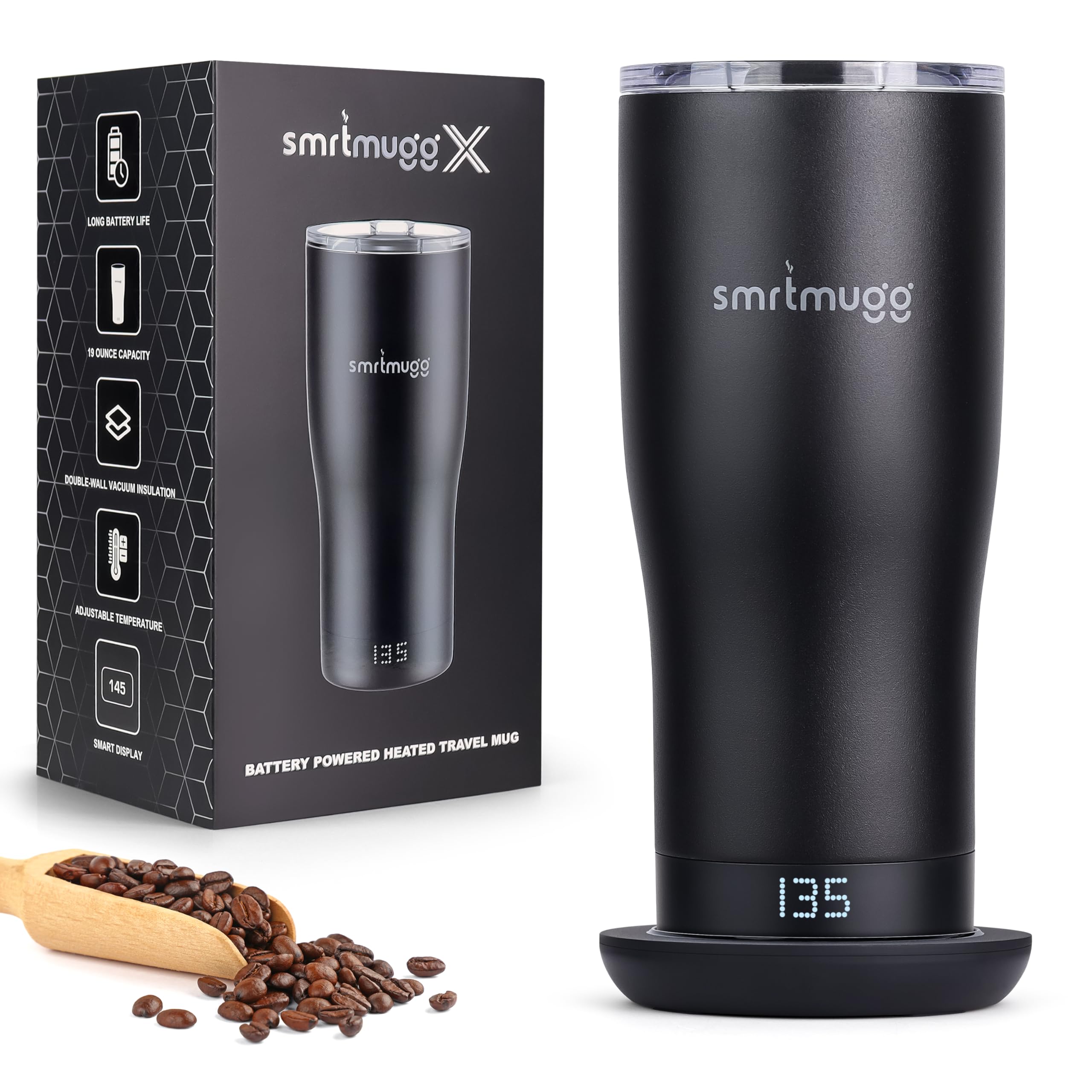 SmrtMugg X Heated Coffee Mug 19 oz., 8 Hour Battery Life, SelfHeating, Adjustable Temp Controlled, LCD Screen, One Button Tempe