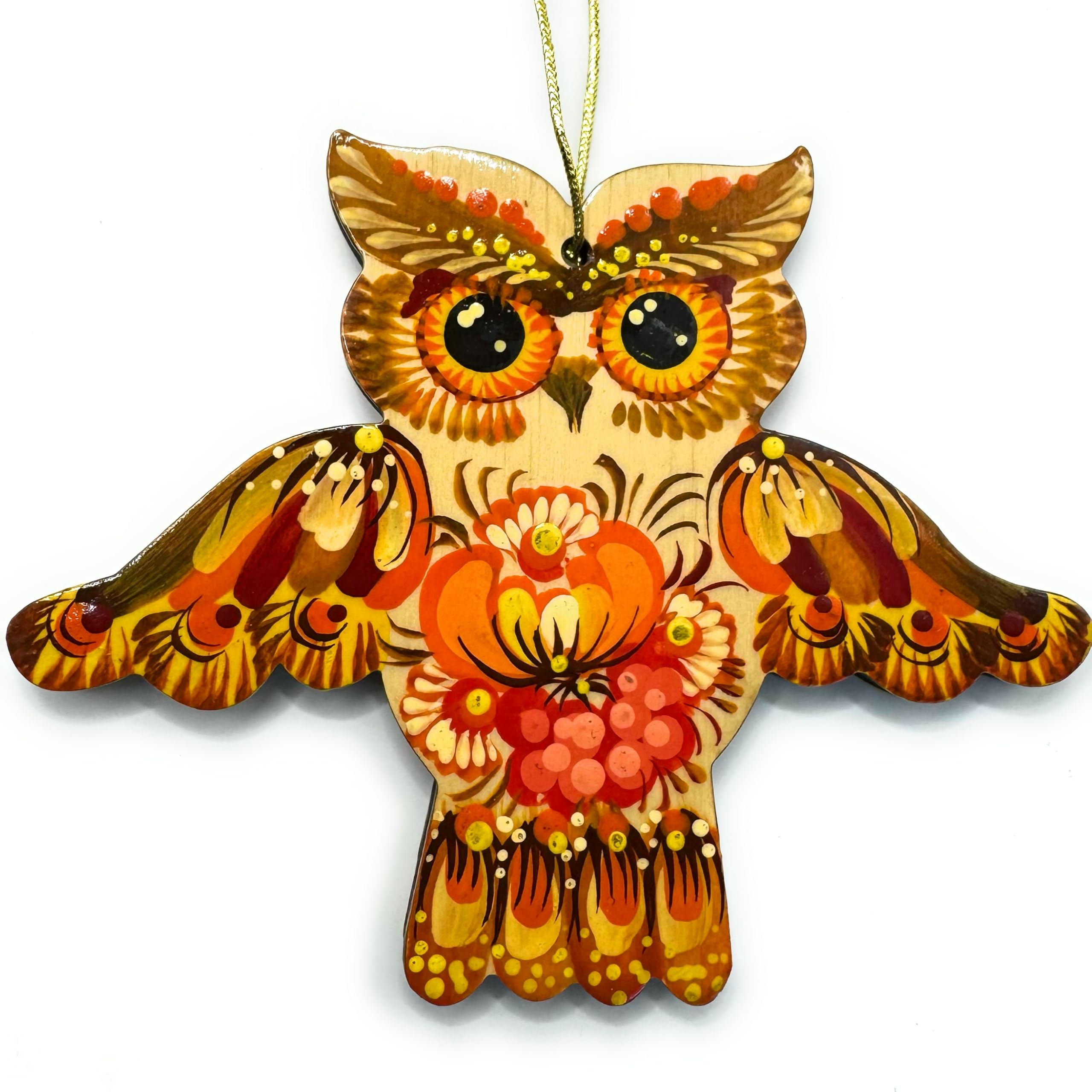 Rustic Christmas Tree Ornament Owl made of Wood Colorful Floral hand-painted on both sides 4,7 ? 3,7 ? 0,2 Inch.Traditional Ukra