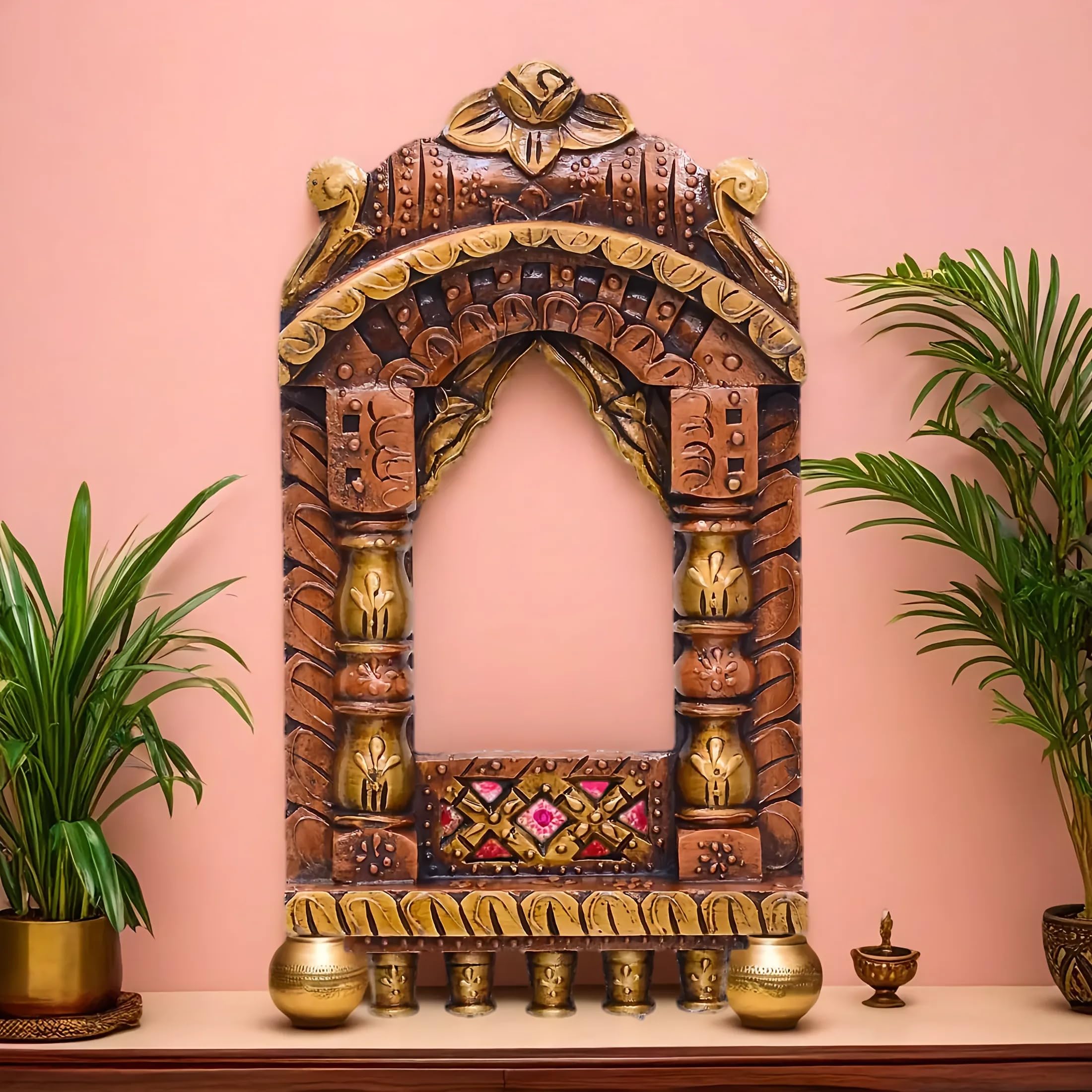 Craft Tree Wooden Handpainted Copper Finish Jharokha | Traditional Jaipuri Style Wall Hanging Jharokha Showpiece | Decorative Ho