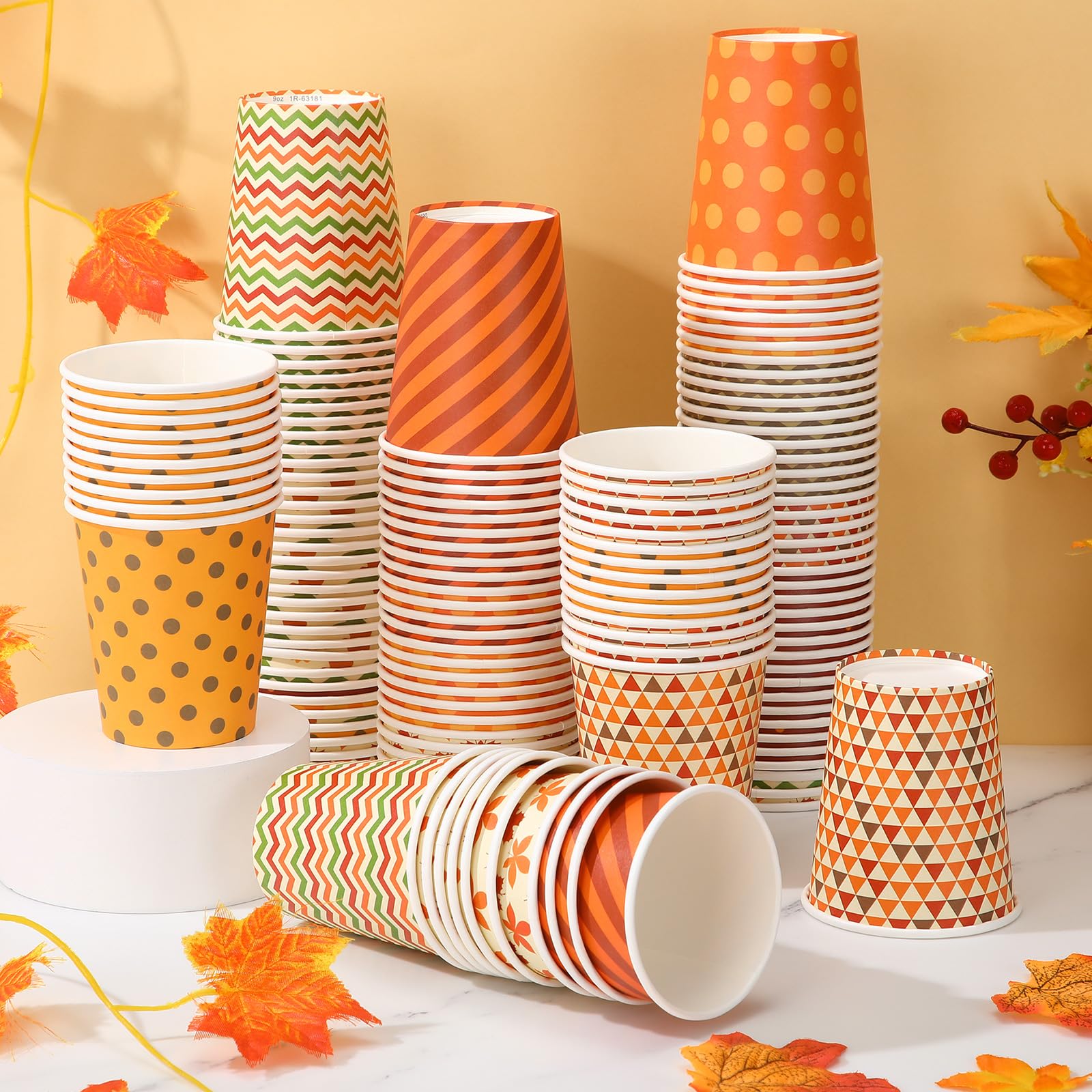 Sieral 144 Pcs Thanksgiving Paper Cups 8 oz Fall Disposable Coffee Cups Assorted Maple Leaves Harvest Holiday for Hot Cold Drink