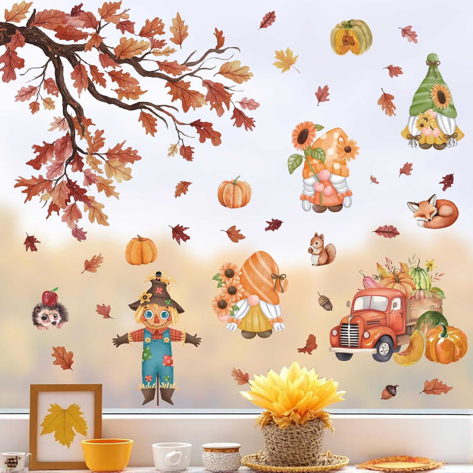 Celestdeco Thanksgiving Window Decorations,Thanksgiving Fall Wall Sticker,Fall Maple Leaves Window Clings,Scarecrow Stickers for