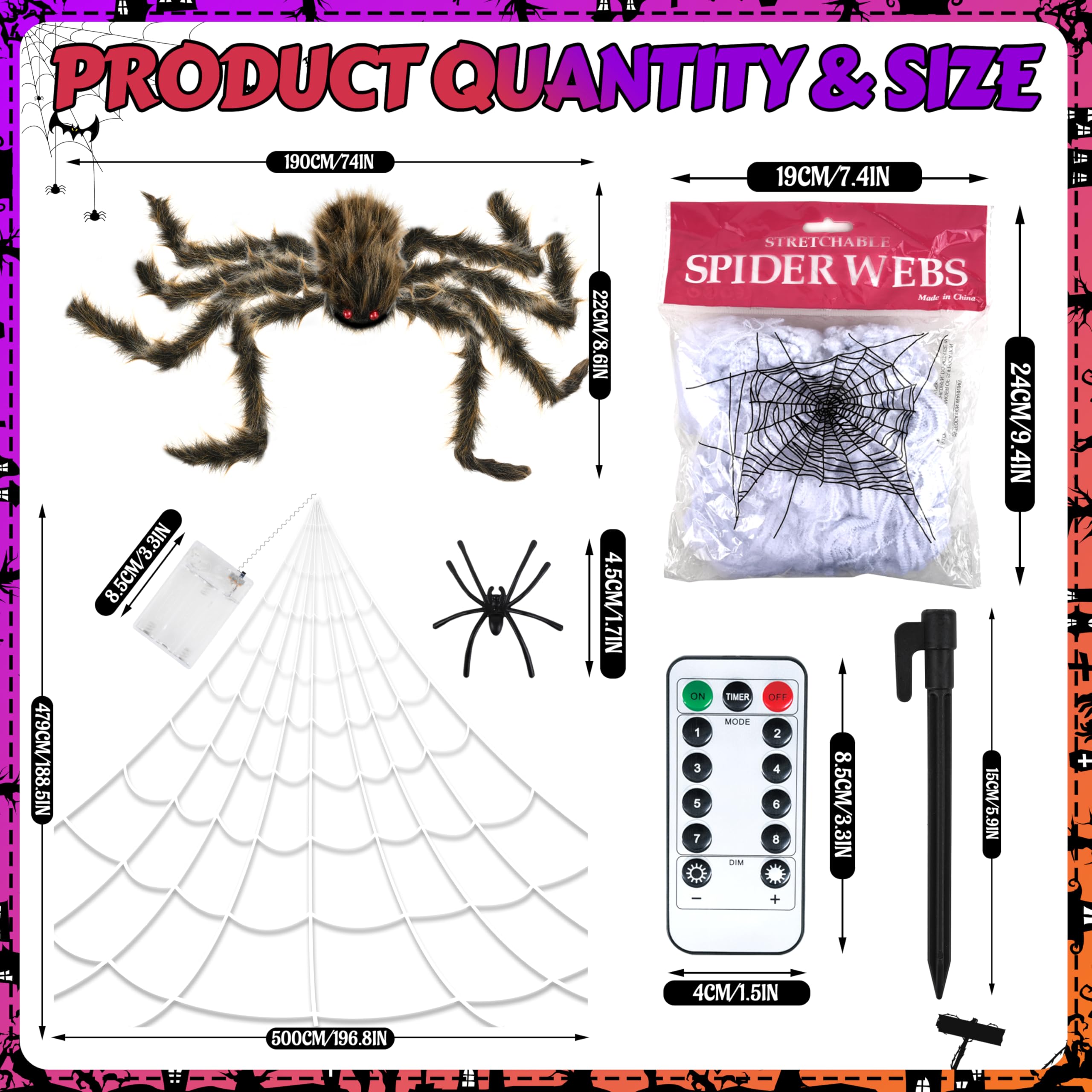 Halloween Spider Web Lights Giant Spider, 16.4Ft 450 LED Lighted Spider Web with with 8 Lighting Modes Waterproof & Timer for In