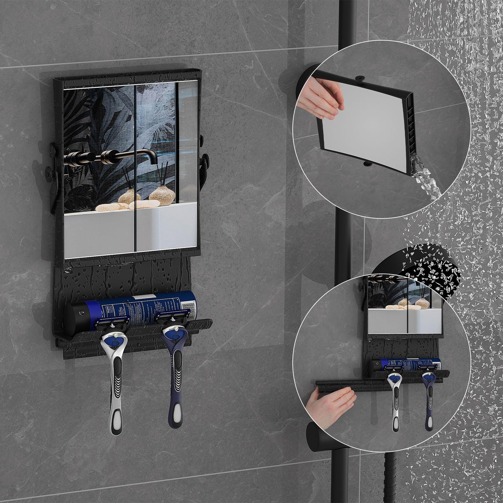 Shower Mirror Fogless For Shaving - Dual-Sided 1X/3X Magnification, Anti-Fog Bathroom Mirror With Squeegee, Rust-Proof, Black