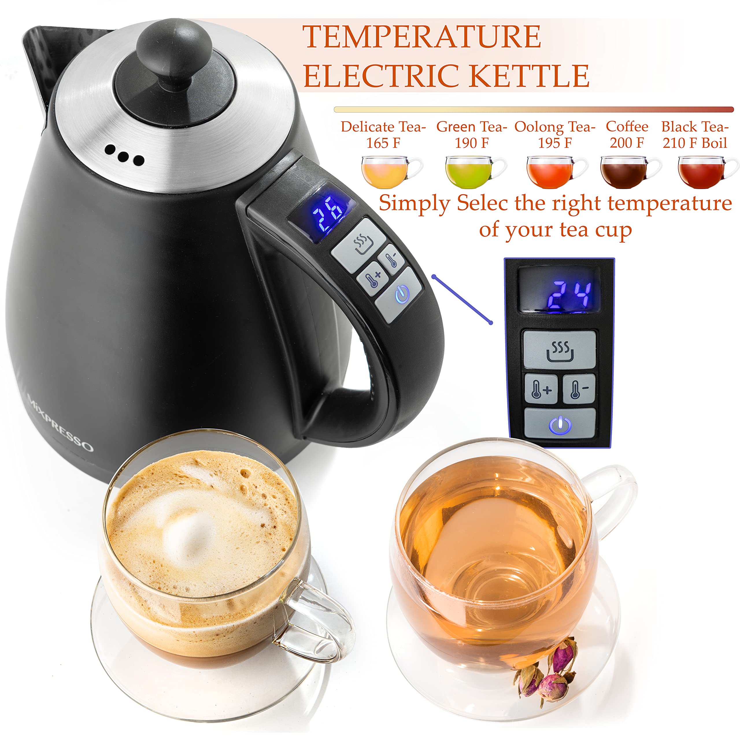 Mixpresso Electric Kettle Temperature Control, Hot Water Kettle Electric, Cordless 1 Liter Capacity, Keep Warm & Led Indicator,