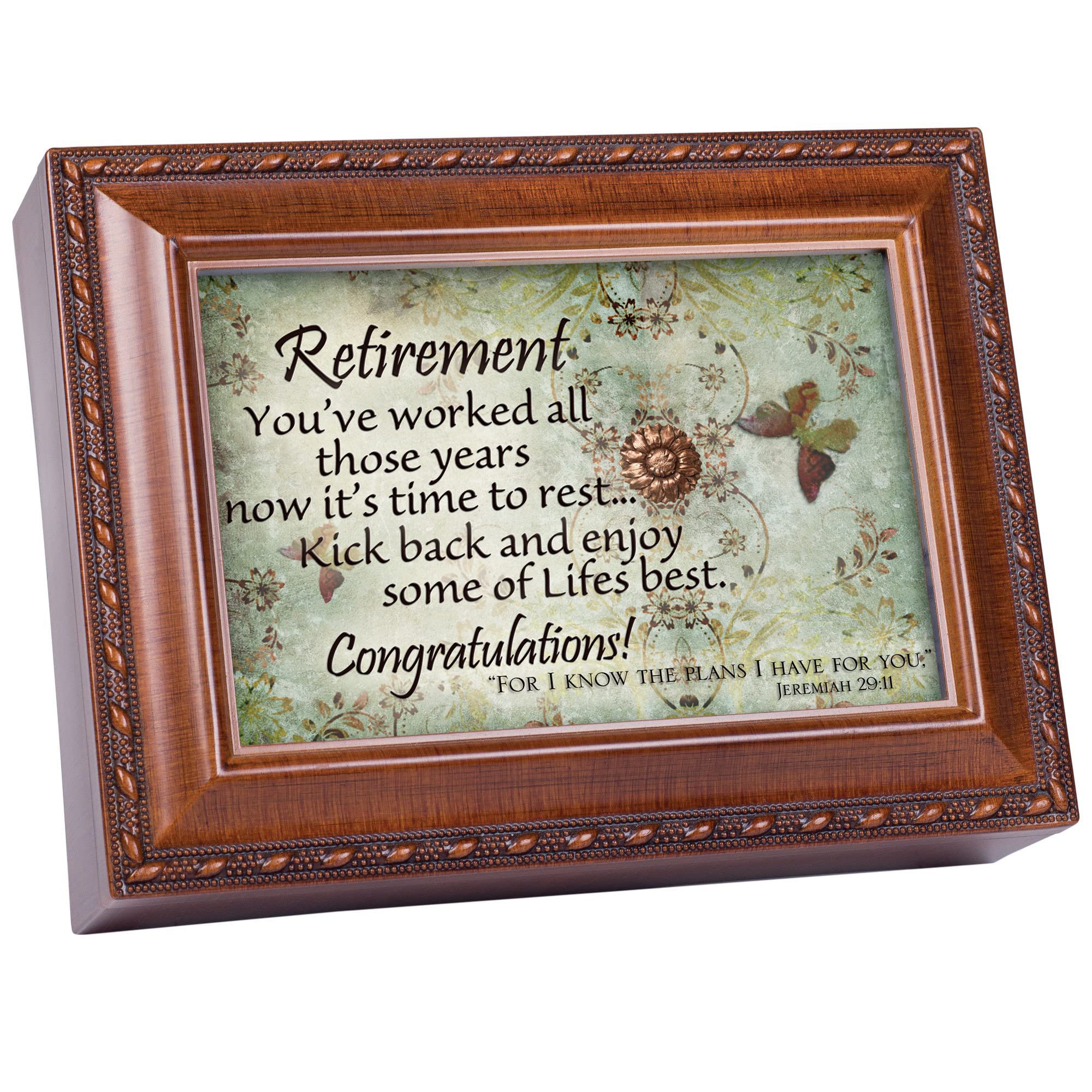 Cottage Garden Retirement Woodgrain Rope Trim Music Box Plays Amazing Grace