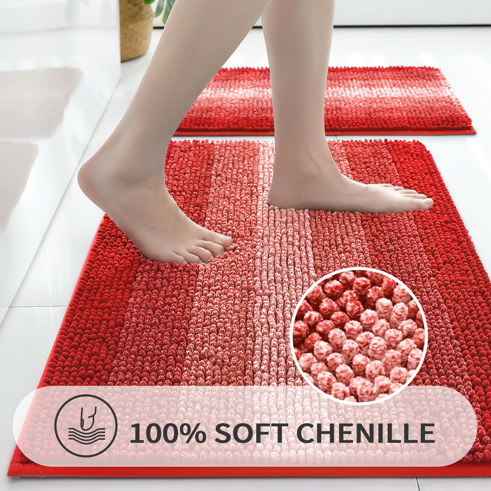 Gibelle Red Bathroom Rugs, Luxury Chenille Bath Mat, Small Non Slip Shower Rug And Bath Room Floor Mats, Machine Washable, Quick
