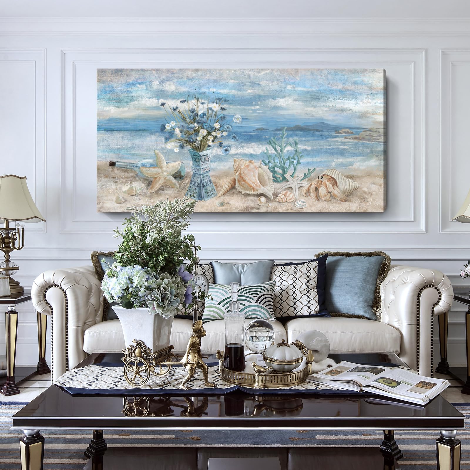 Beach Canvas Wall Art For Living Room Ocean Theme Seaside Print Blue Coastal Picture Abstract Seascape Landscape Pink Teal Paint