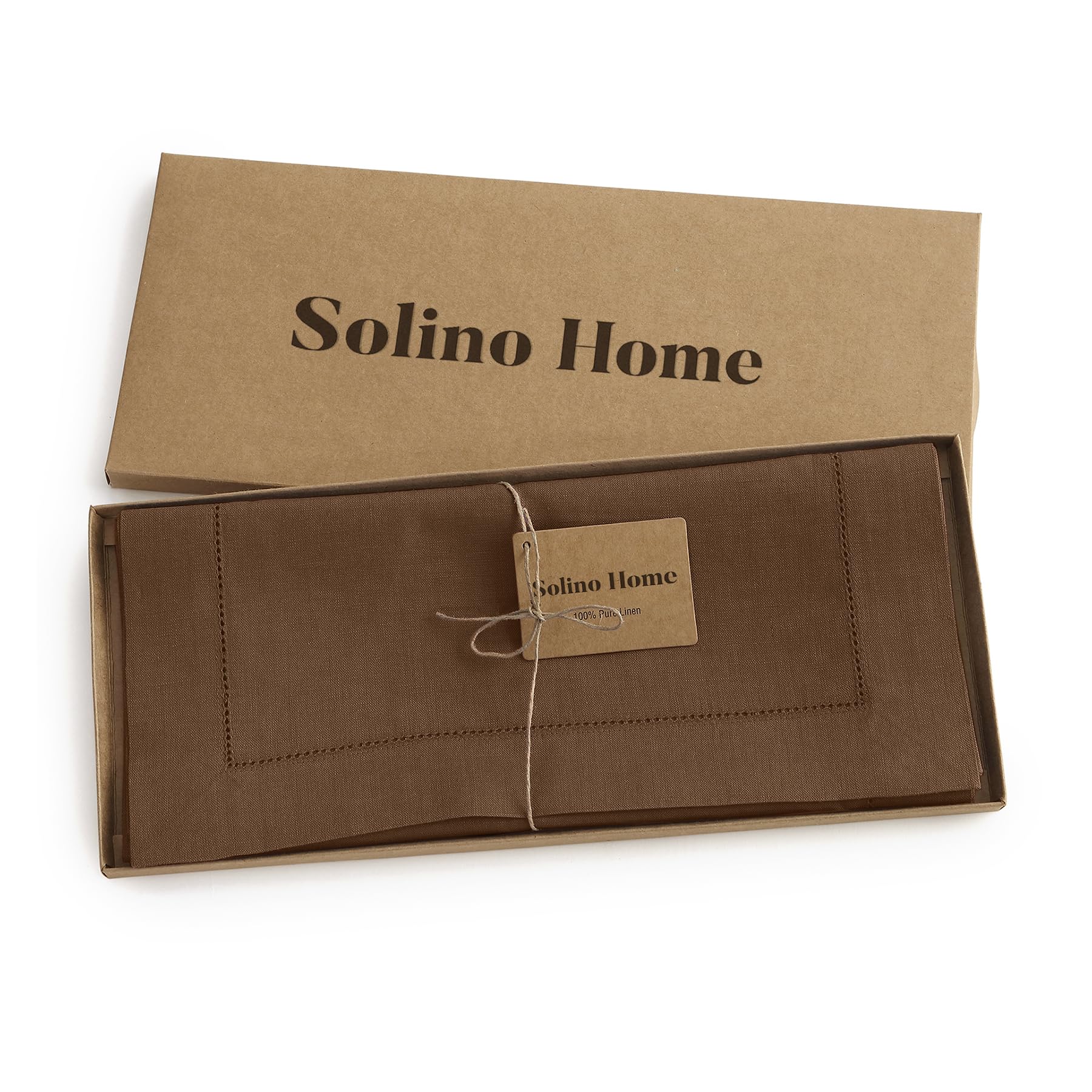Solino Home Linen Brown Table Runner 48 Inch - 100% Pure Linen Classic Hemstitch Short Table Runner 14 X 48 Inch Ideal For Dress