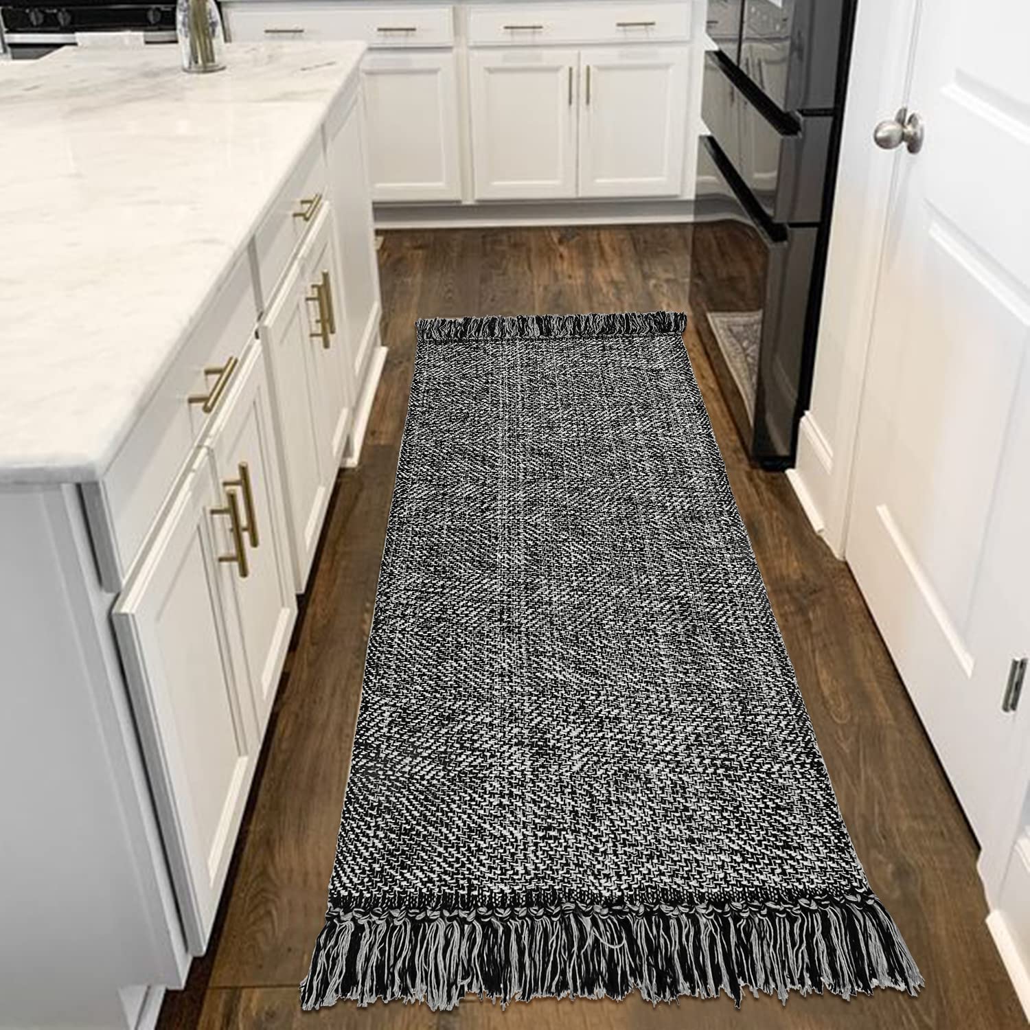 Collive Hallway Runner Rug, 2 x 6 Hand-Woven Reversible Washable , Black Cotton Modern Farmhouse Laundry Room Rug Long Carpet 