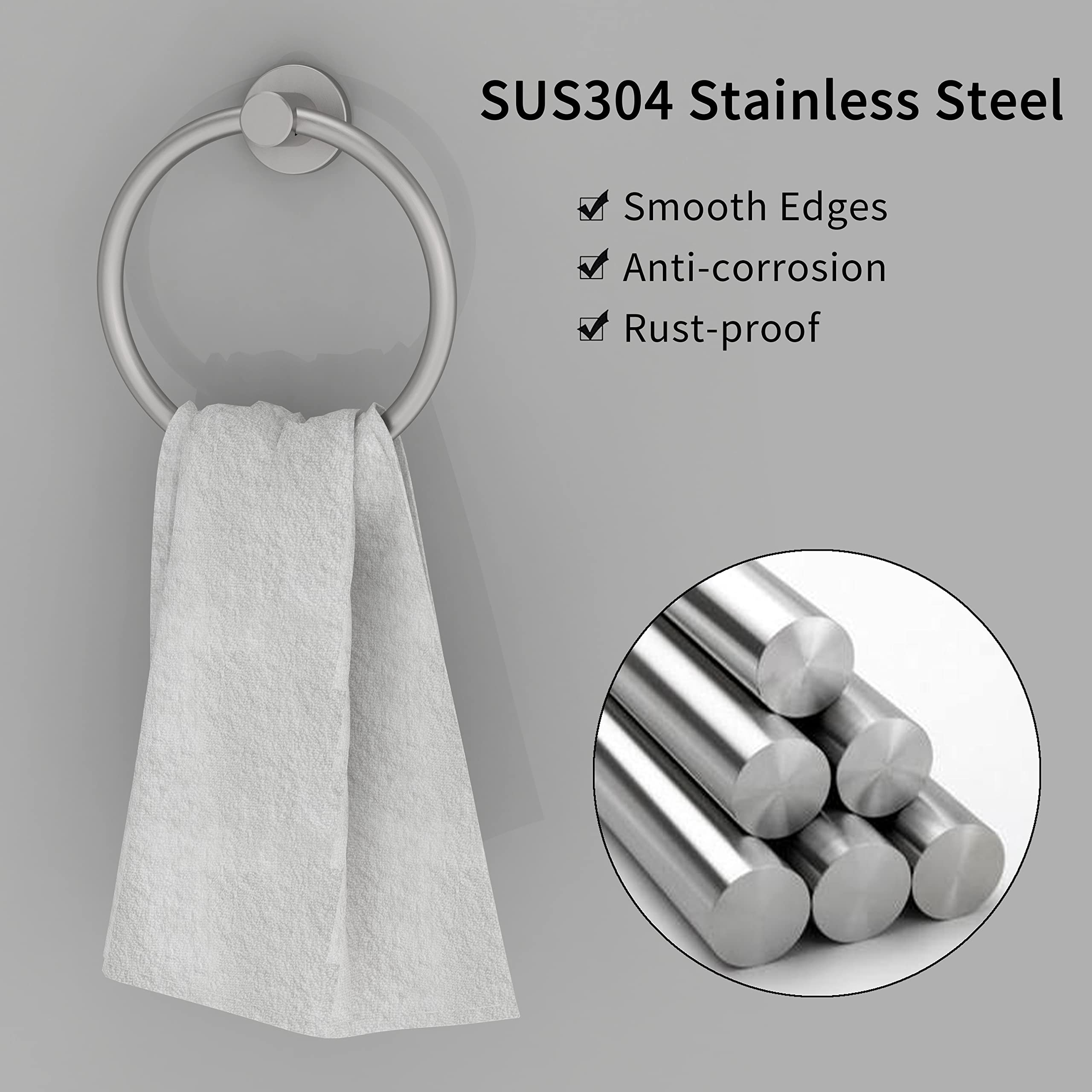 RARXTR Brushed Nickel Hand Towel Holder for Bathroom Kitchen Towel Ring Modern Rounded Base Wall Mount SUS304 Stainless Steel