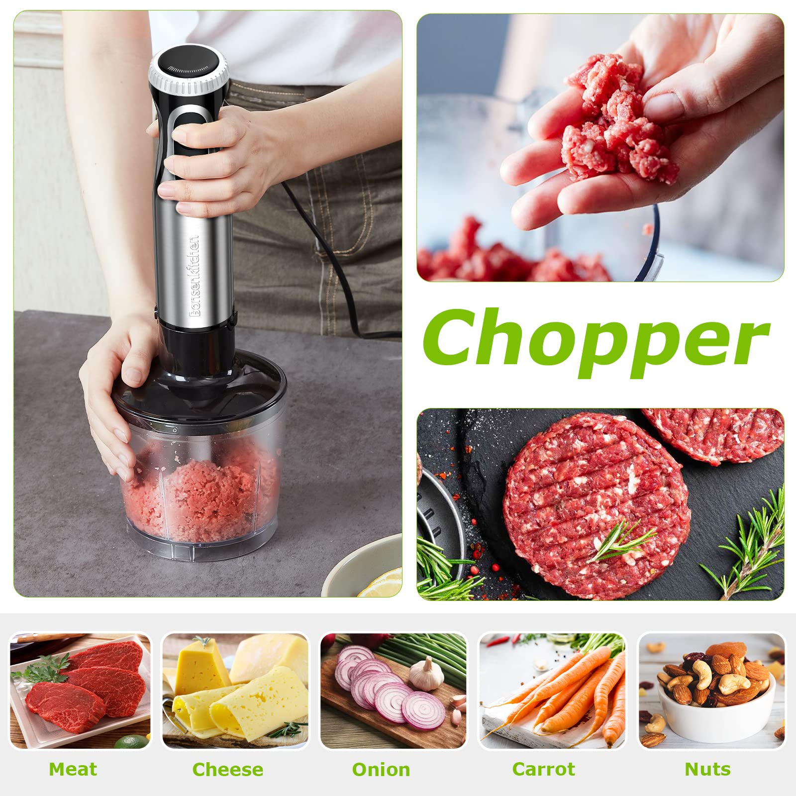 Bonsenkitchen Immersion Blender  20 Variable Speeds & Turbo  4-In-1 Stainless Steel Handheld Blender Stick Mixer with Egg Whisk  Beaker & Chopper Bowl