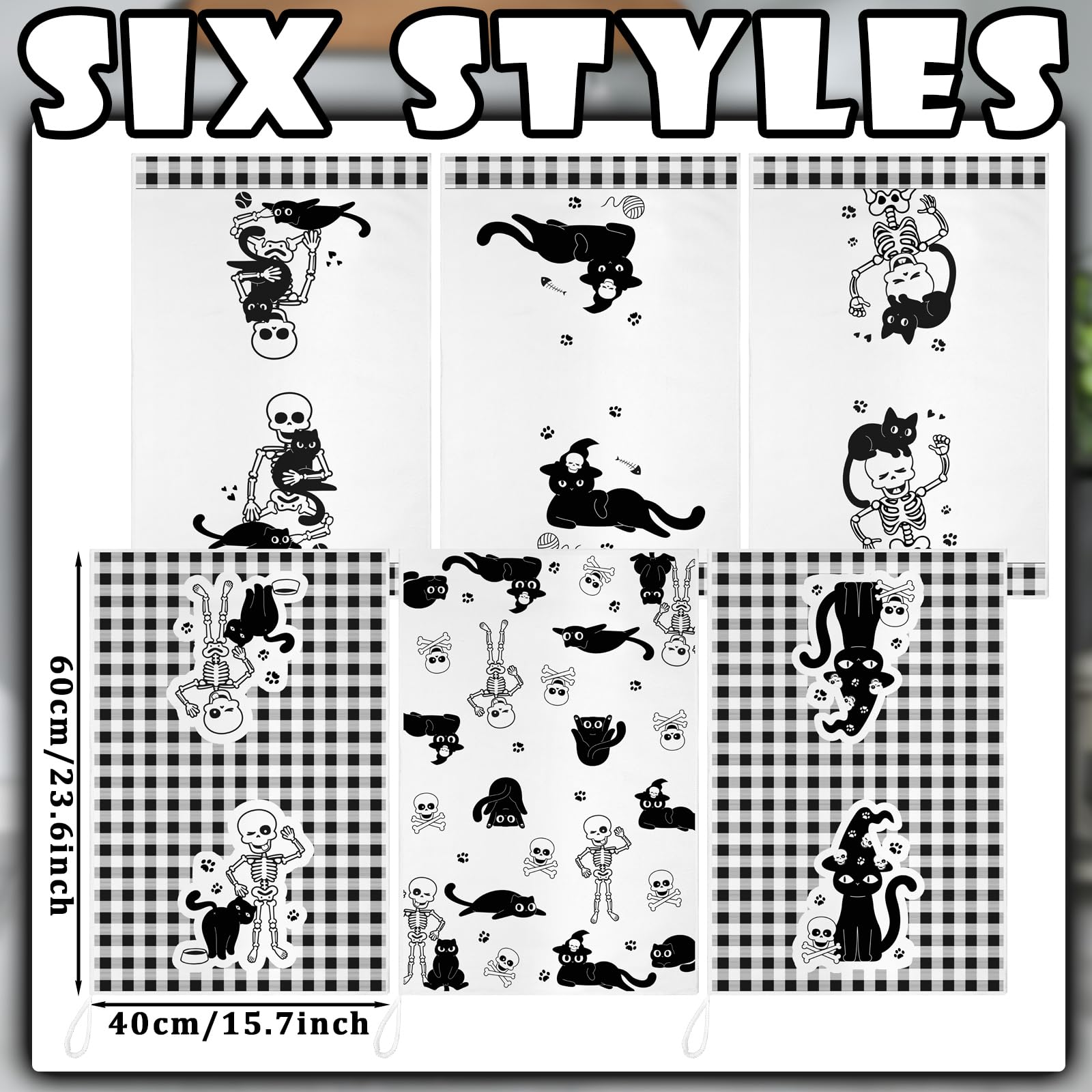 Bencailor 6 Pcs Spooky Christmas Kitchen Towels Cute Skull Black Cat Gothic Christmas Dish Hand Towels Skeleton Tea Washcloth fo