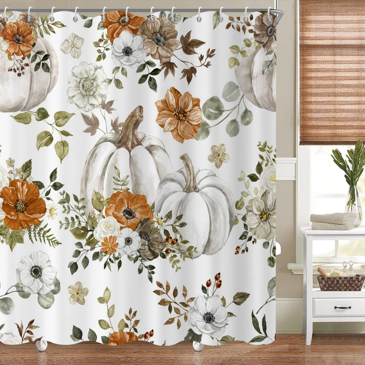 Gcirec Fall Watercolor Pumpkin Shower Curtain, Autumn Thanksgiving Harvest Pumpkins With Floral Bathroom Curtain Bathtub Home De