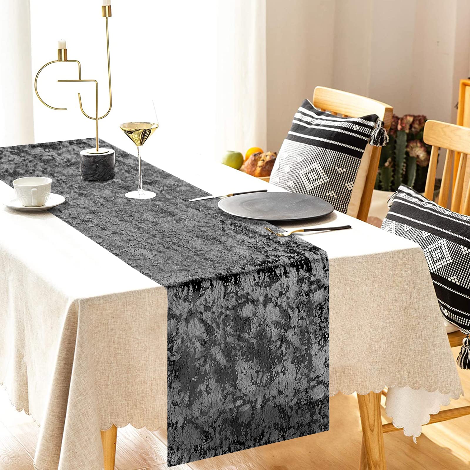 Tiosggd Black Table Runner 11''X192'', Sequin Glitter Metallic Foil Thin Mesh Table Runners Roll, Black Centerpiece Table Decor