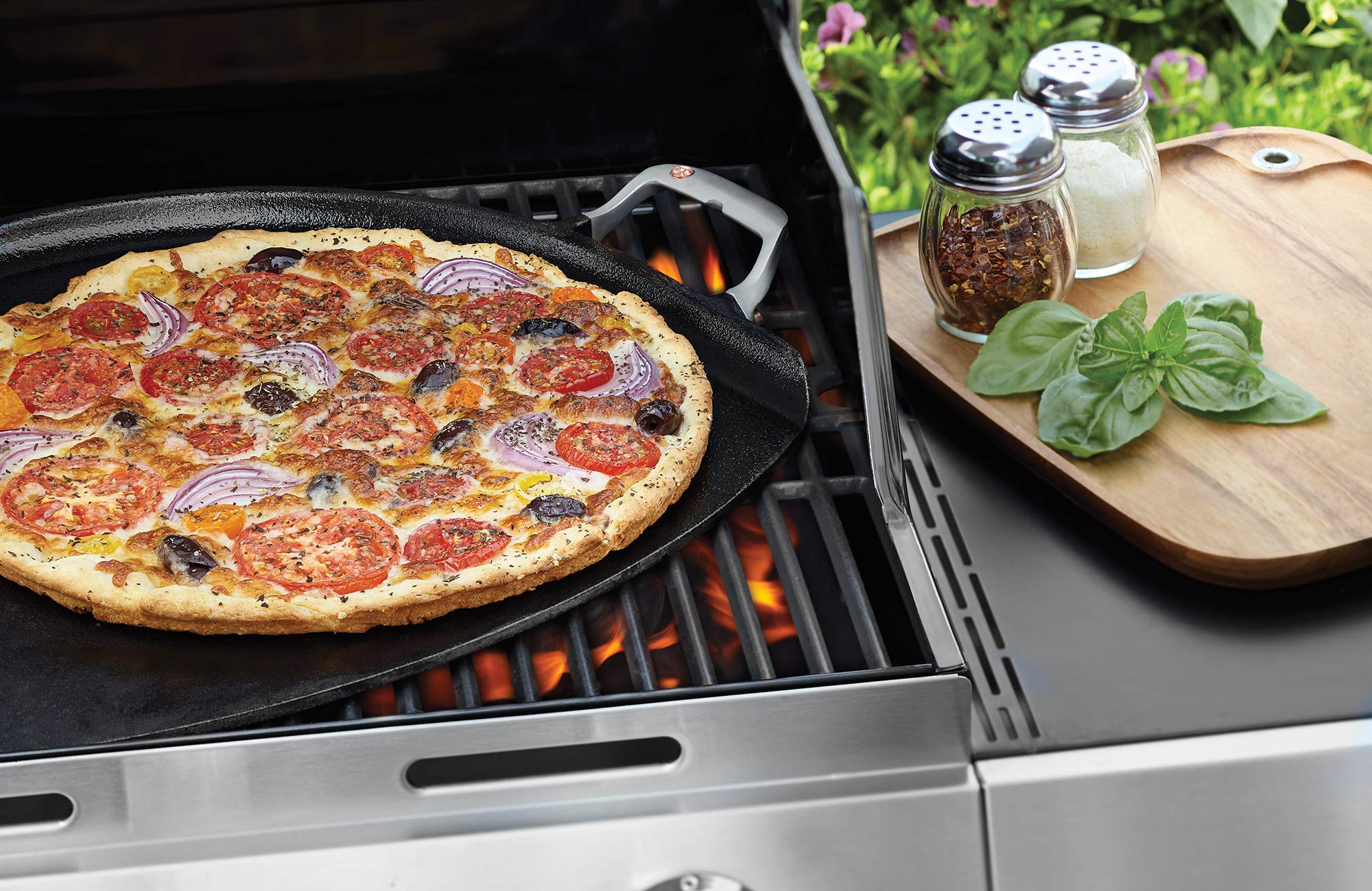 Outset Cast Iron Grill Skillet And Pan With Forged Handles For Pizza, Eggs, Pancakes, Burgers And Steaks, 14-Inch, Black