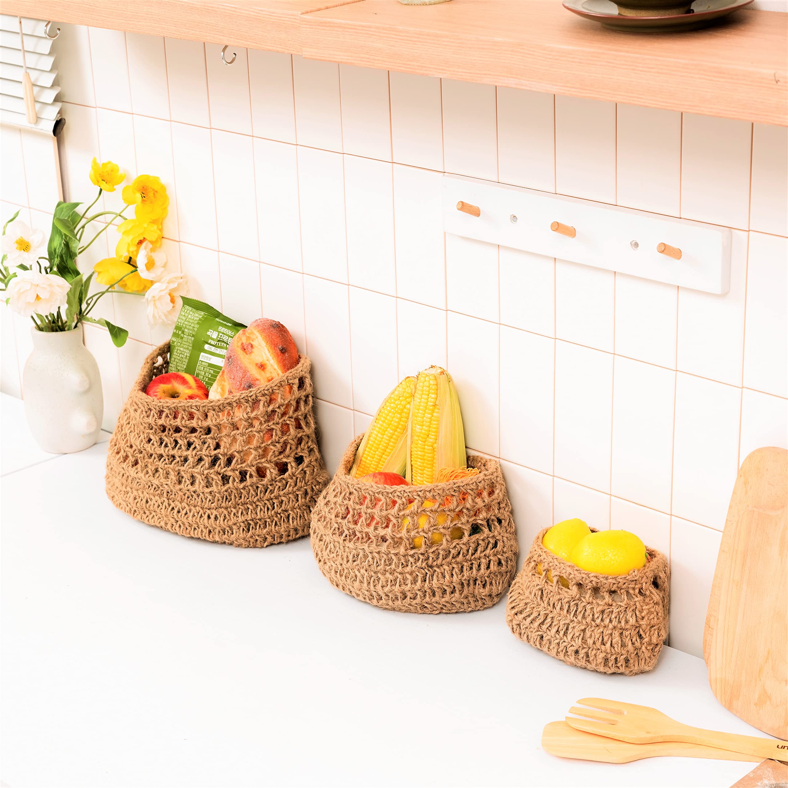 Hanging Fruit Basket, 3 Tier Woven Jute Wall Hanging Basket For Organizing, Hanging Produce Basket For Fruit & Vegetable Storage
