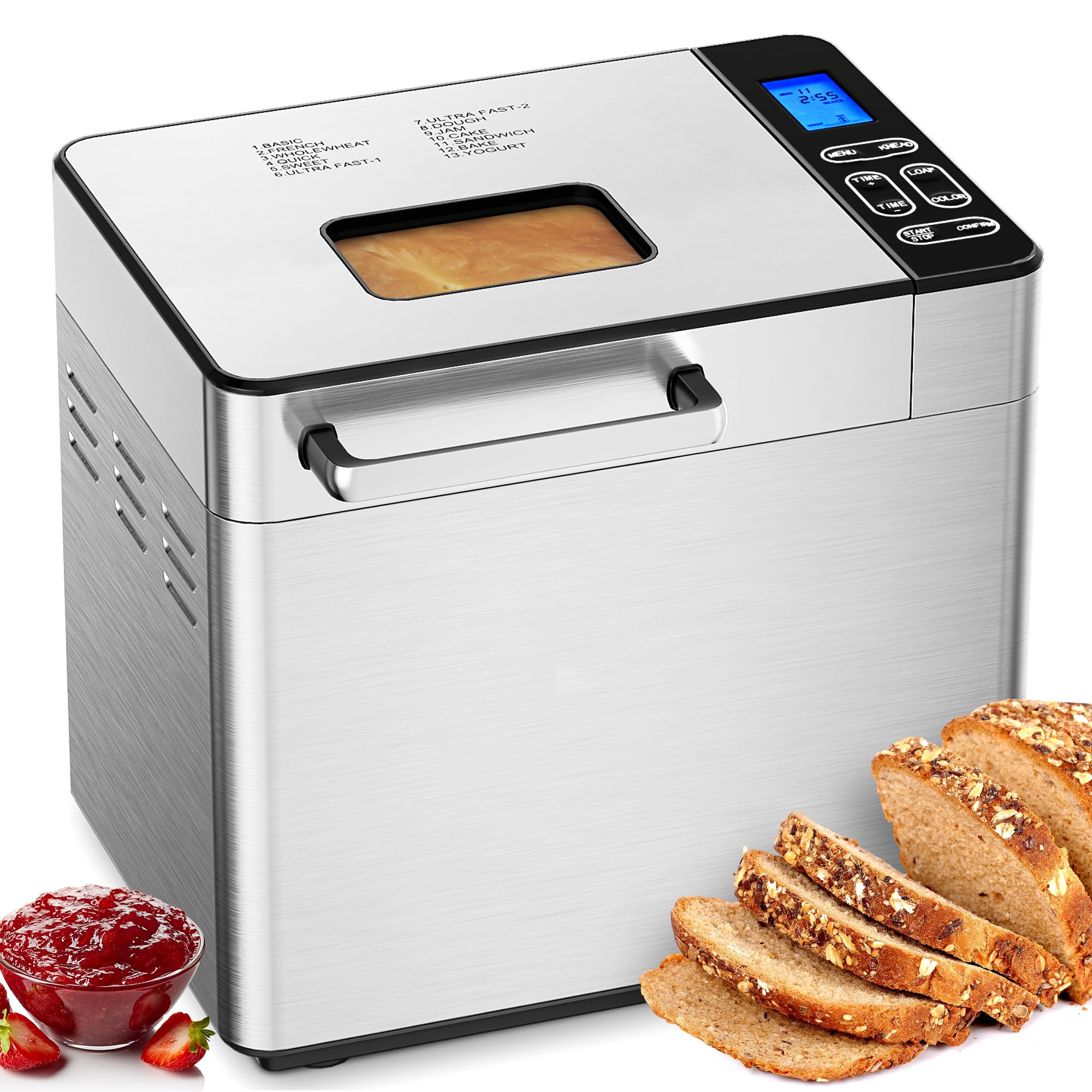 EUHOMY Bread Maker Machine 13 Program 2LB Bread Maker, Bread Machine with 3 Loaf Sizes and 3 Crust Colors, Breadmaker with Fruit