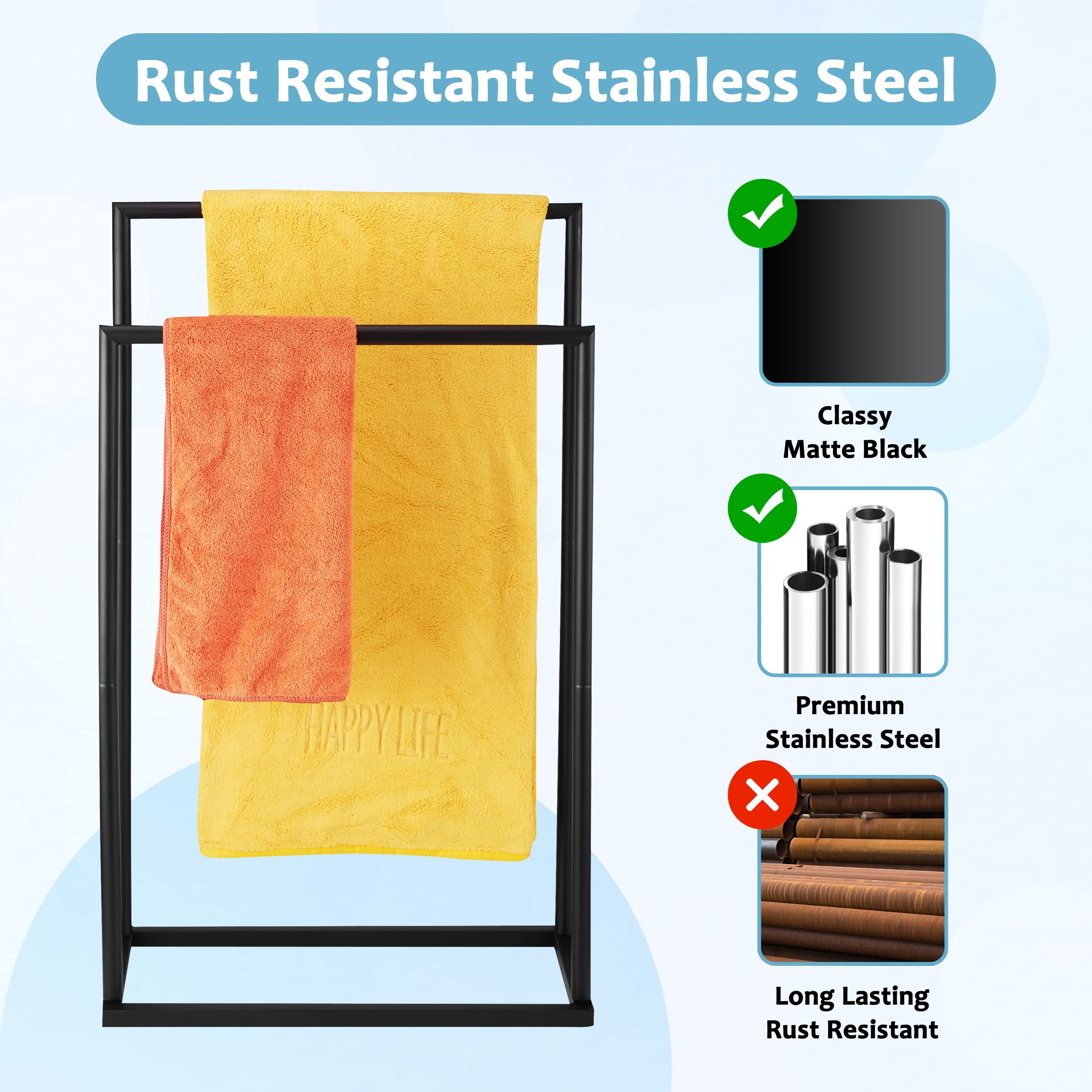 DECLUTTR Free Standing Towel Rack - 2 Tier Stainless Steel, Matt Black, Model STR10-B, Outdoor Towel Drying Rack with Storage Shelves