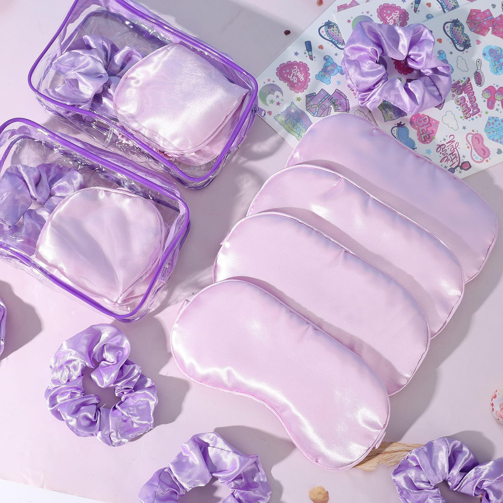 YLOLUL 32 Pcs Spa Sleepover Party Supplies for Girls Makeup Party Favor with Hair Scrunchies Clear Cosmetic Bags Eye Masks Sleep
