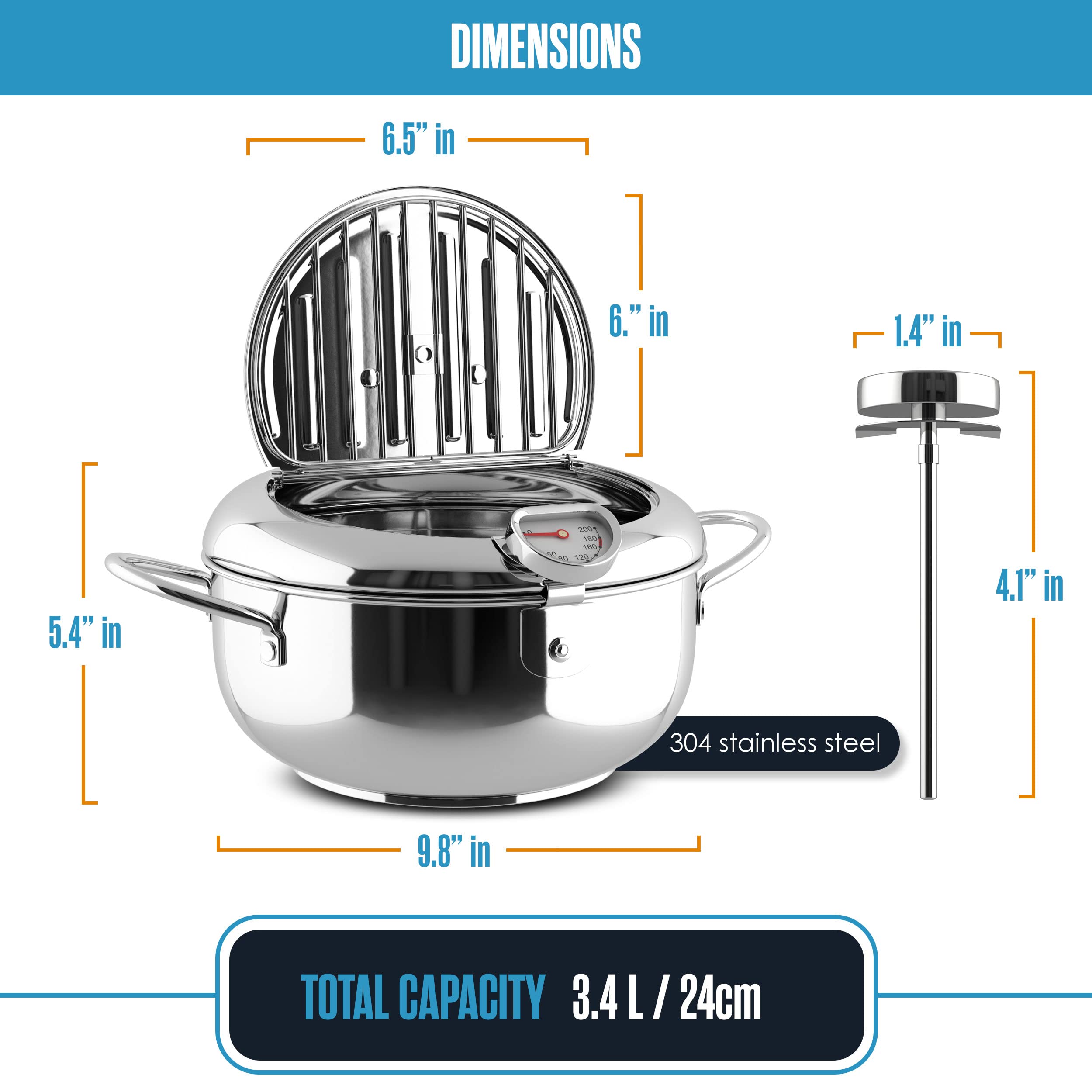 Deep Fryer Pot, Tempura Deep Frying Pot, Stove Top, 9    X 5.5   , 114 Oz (3.6 Qt), 304 Stainless Steel, Flat Bottom W/Lid & Tem