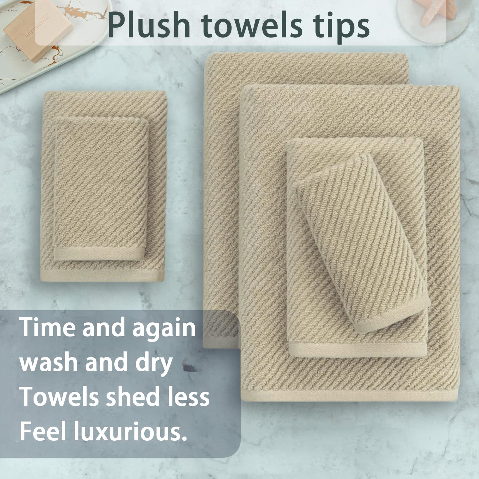 Tan Towels For Bathroom - 100% Cotton | Lightweight | Soft | Thick, 2 Bath Towels 30''X56'', 2 Hand Towels 18''X28'', 2 Washclot