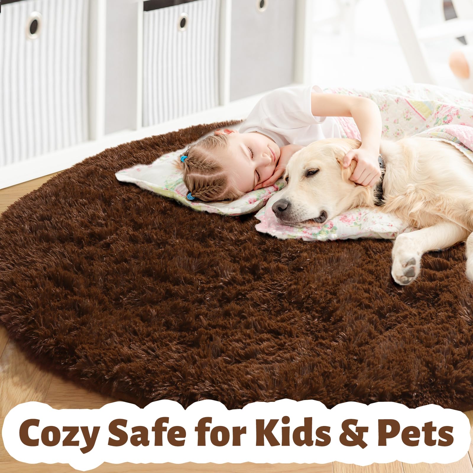 Amdrebio Dark Brown Round Circle Rugs 5Ft for Bedroom, Fluffy Shag Plush Area Rugs for Kids Room, Living Room Decor Aesthetic, F