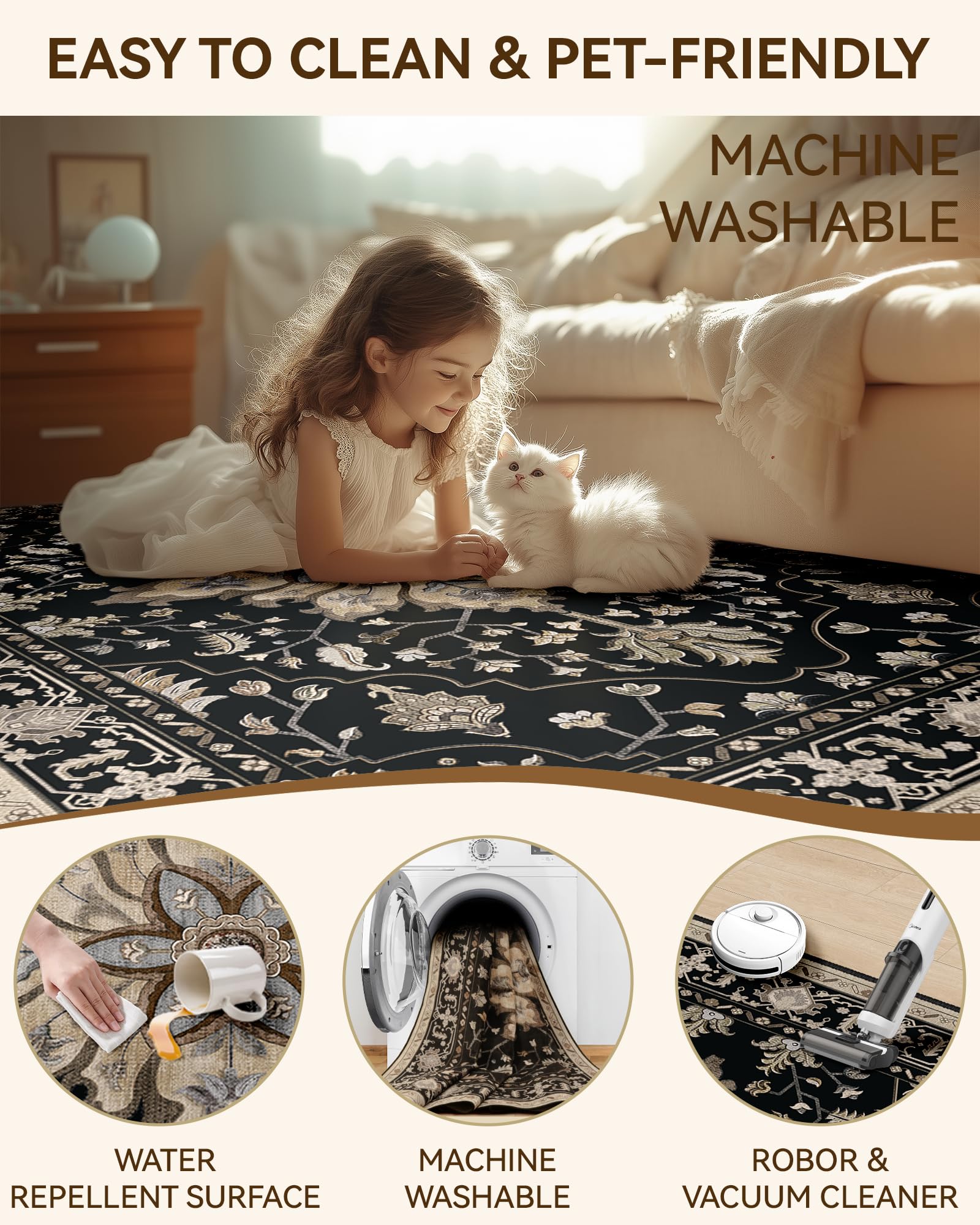 RELEANY Area Rugs 6x9 Washable Non-Slip, Floral Vintage Distress Print Pattern Medallion Carpet for Living Room Bedroom Dining