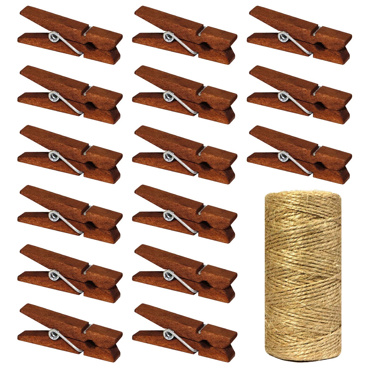 Mini Natural Wooden Clothespins With Jute Twine, 100Pcs, 1.4 Inch Photo Paper Peg Pin Craft Clips With 320Ft Natural Twine For S