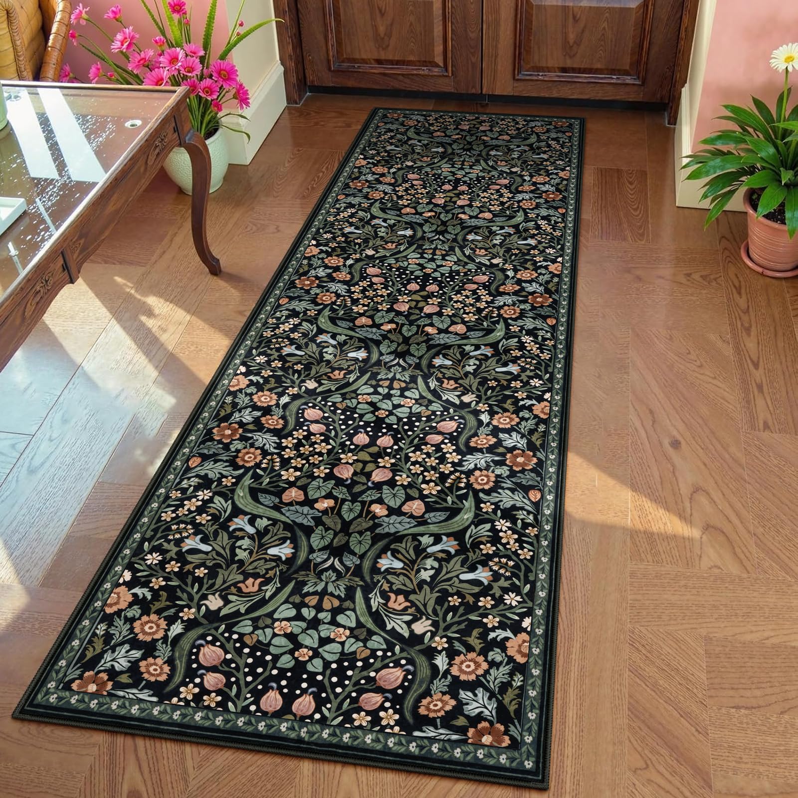 Moynesa Floral Runner Rug for Hallway 28 x 8, Washable Kitchen Runner 8ft Non Slip Boho Soft Bathroom Throw Rug, Botanical Ult