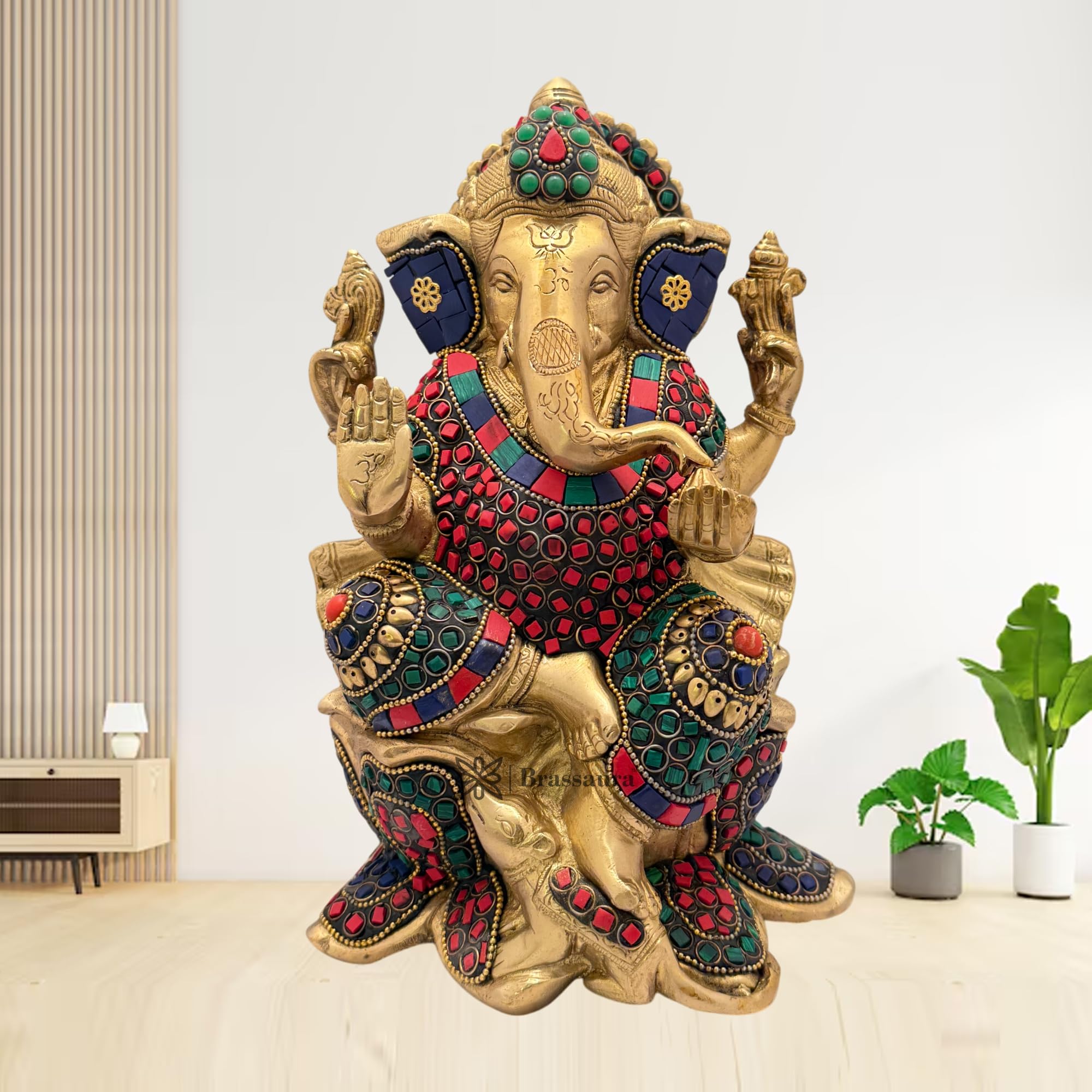 Brassaura Brass Ganesha Gem Stone Work Statue For Home And Decor Brass Ganesh Murti For Pooja Room Ganpati Idol For Home Entrace