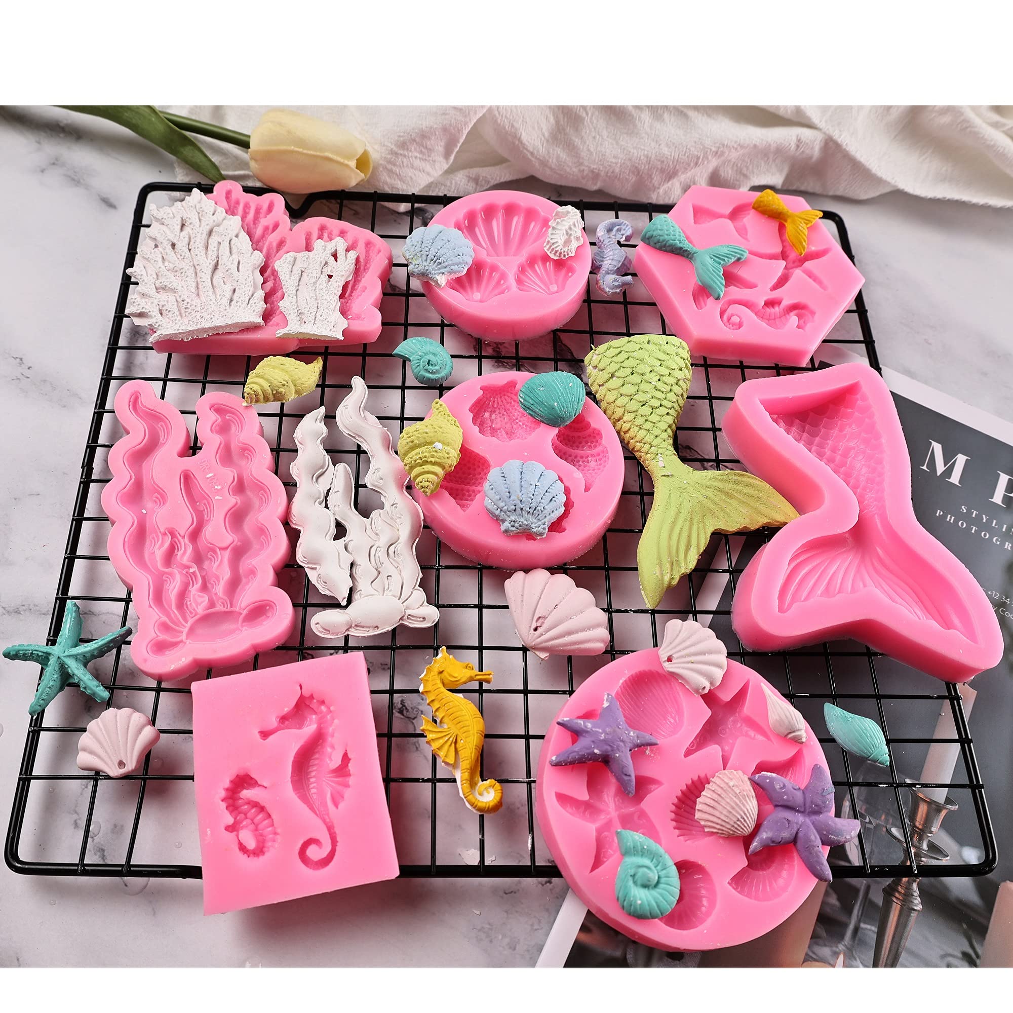 Gelifatle Mermaid Theme Cake Mold, Mermaid, Shell, Seaweed, Coral Silicone Mold Cupcake Toppers Mold For Candy,Chocolate,Fondant