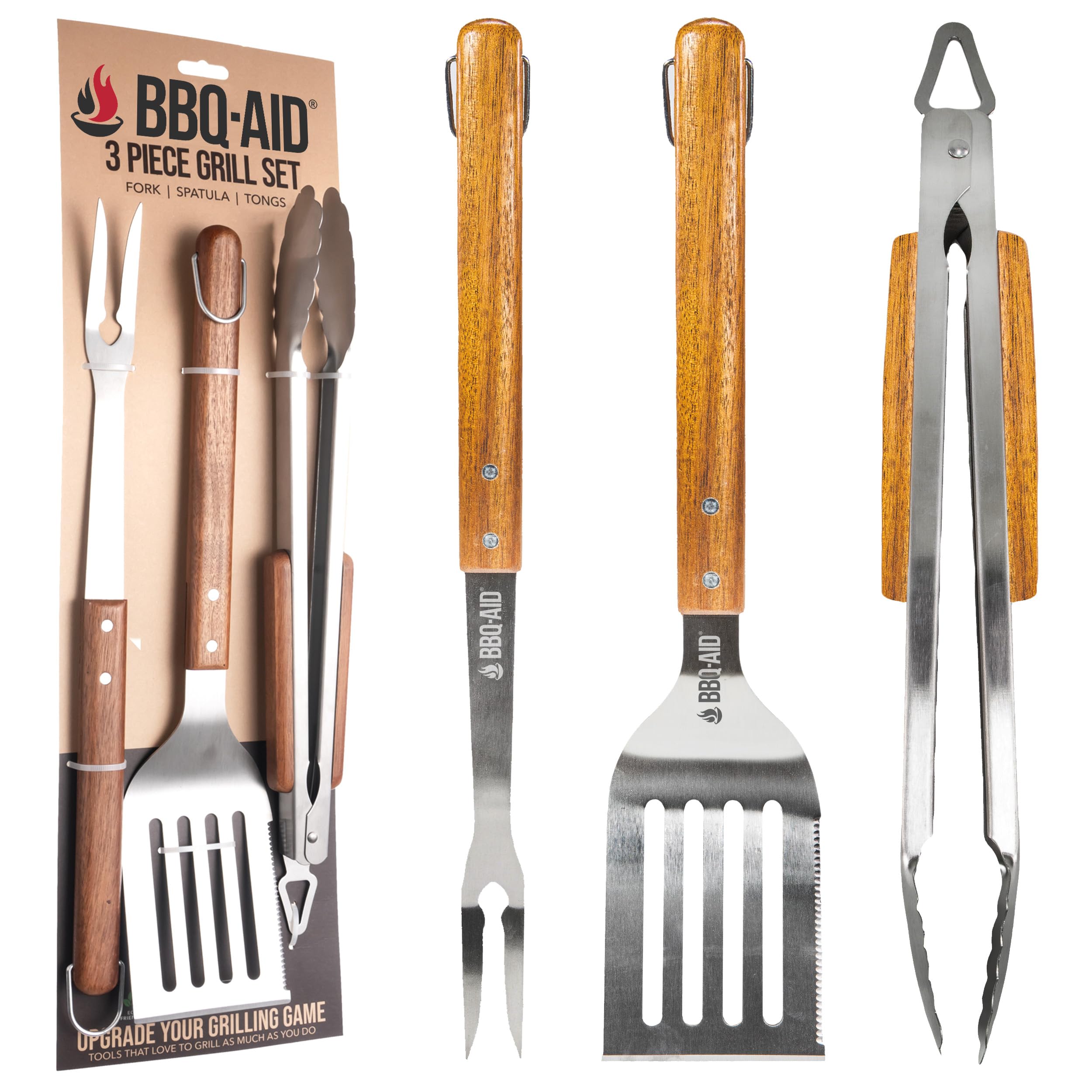Bbq-Aid 3 Piece Grill Set Bbq Accessories - Kitchen Tongs, Metal Spatula & Fork Utensils - Heavy Duty Stainless Steel Barbecue G