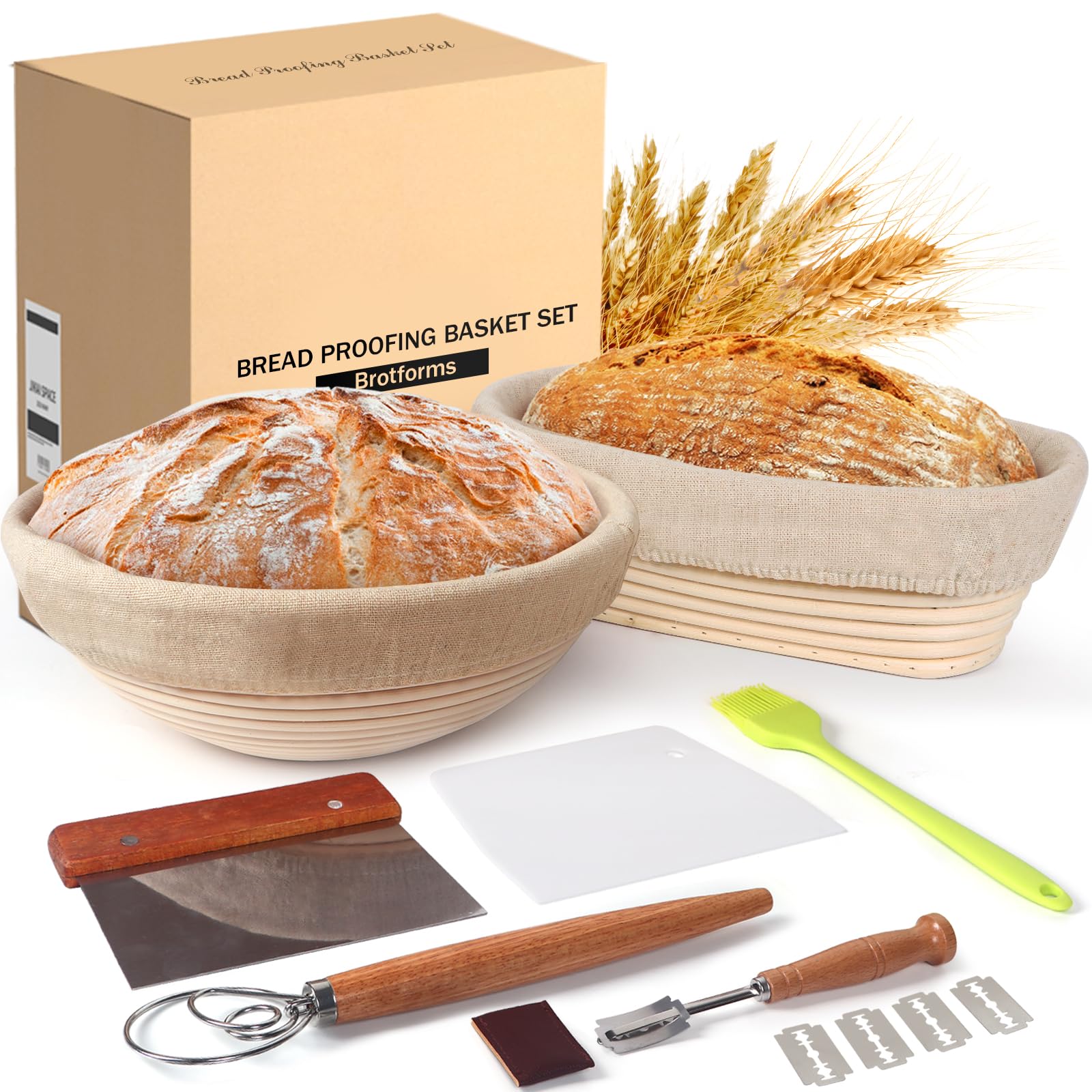 Banneton Bread Proofing Basket Set, 11 Inch Sourdough Proofing Basket And Bread Baking Supplies-Bread Lame, Danish Whisk, Bowl &