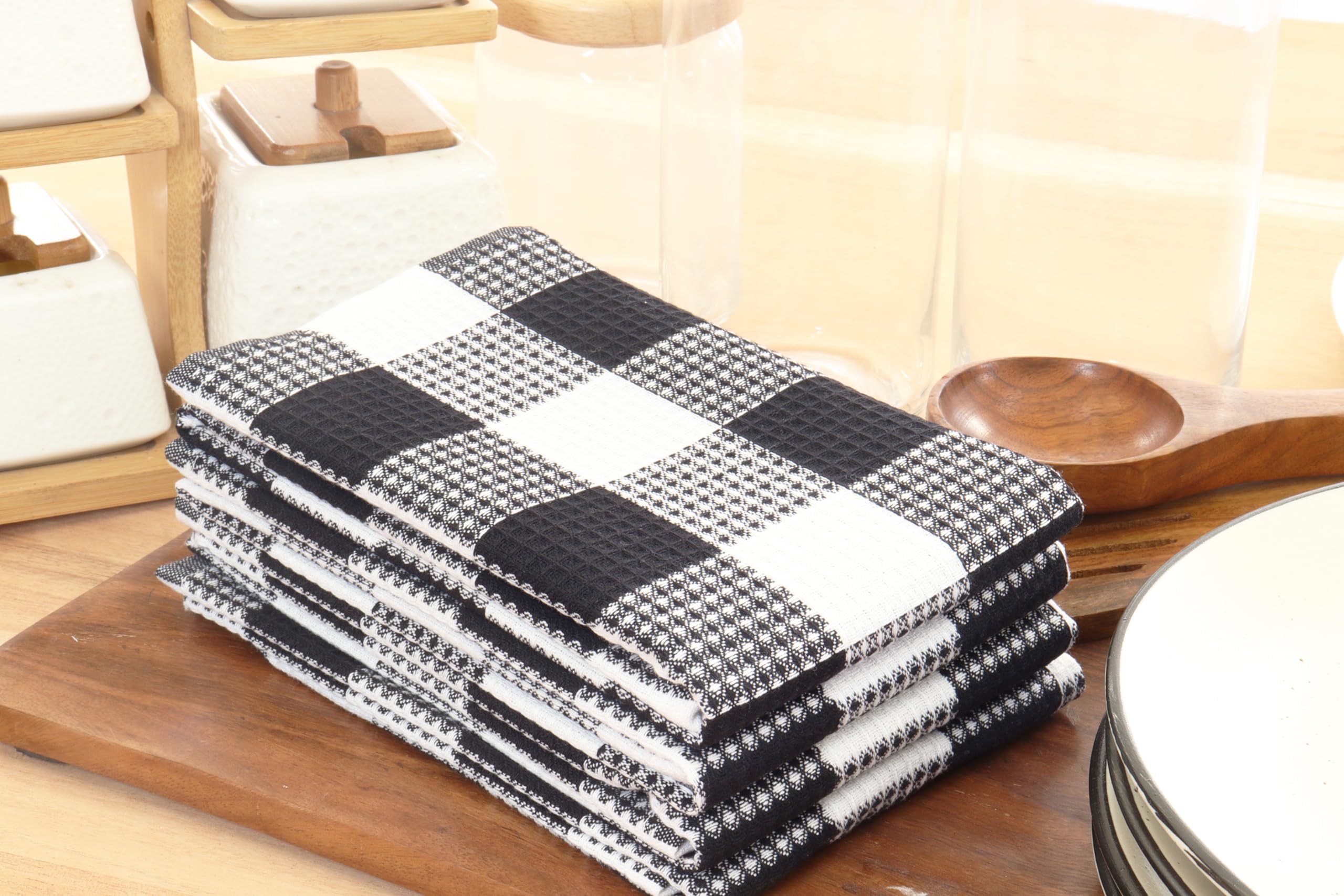 PurpleEssences 100% Cotton Waffle Weave Check Plaid Kitchen Towels, Super Soft and Absorbent Dish Towels for Drying Dishes 15 x