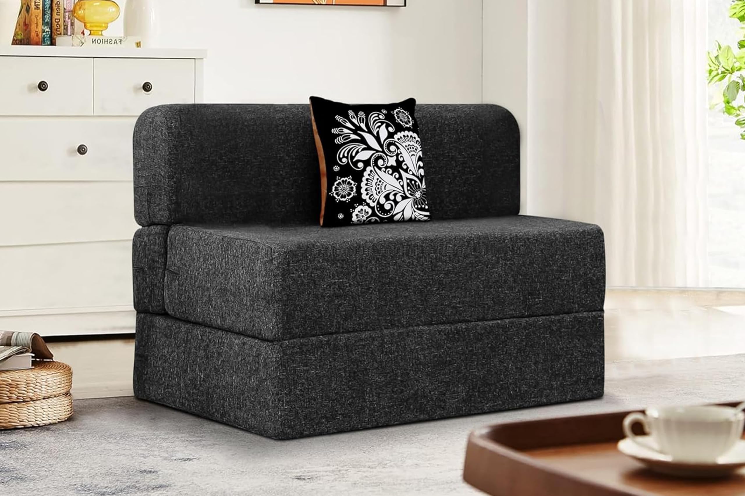 Rosebell 1 Seater Sofa Cum Bed | Jute Fabric Washable Cover | With Cushions Perfect For Guest | Black Color  3 X 6 Feet