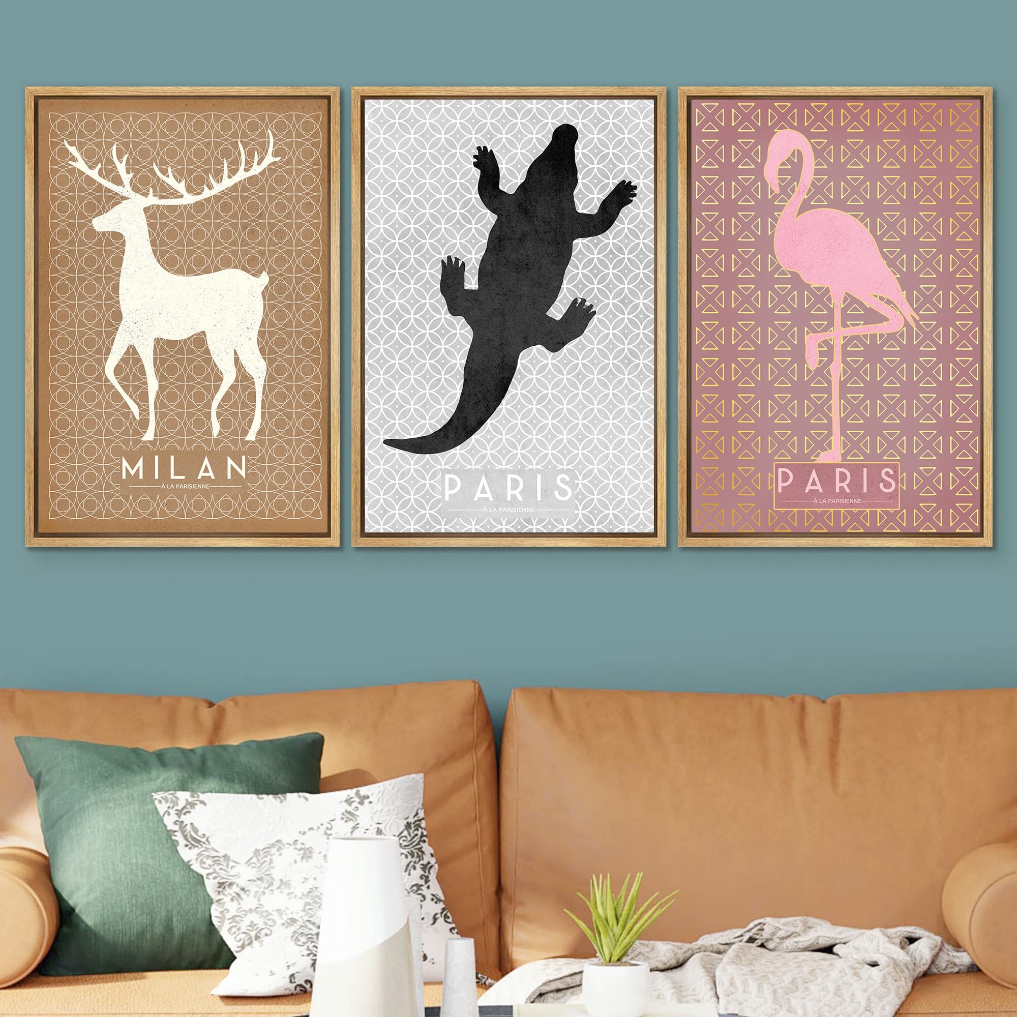 Signwin Framed Canvas Print Wall Art Set Milan Alligator, Flamingo Pattern Nature Animals Illustrations Modern Art Rustic Group