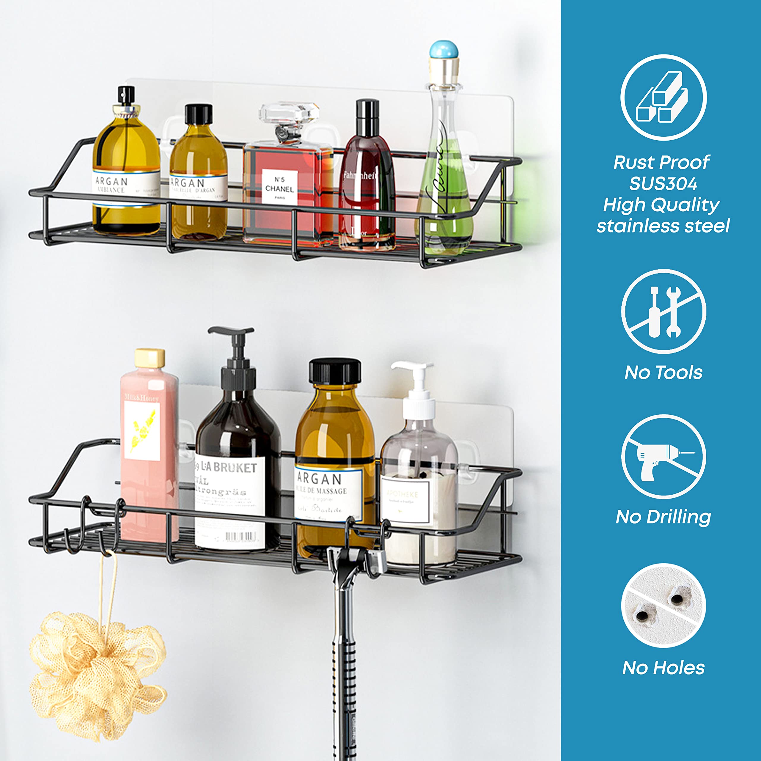 Kesol Adhesive Shower Caddy Shower Shelf Shower Organizer With Hooks, Sus304 Stainless Steel, 2 Pack (Black)