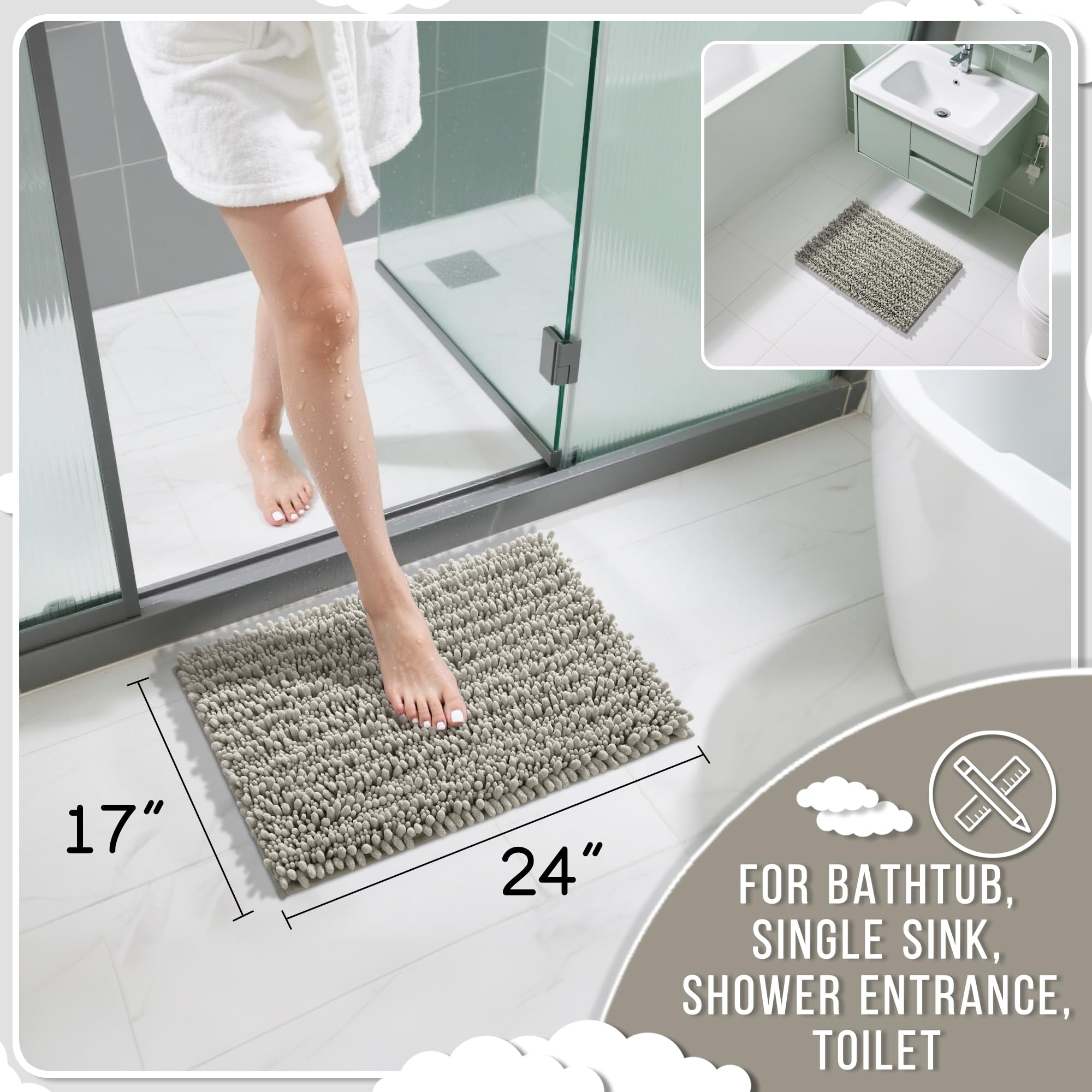 Yimobra Original Luxury Chenille Bath Mat  24 x 17 Inches  Soft Shaggy and Comfortable  Large Size  Super Absorbent and Thick  Non-Slip  Machine Washable  Perfect for Bathroom  Sand