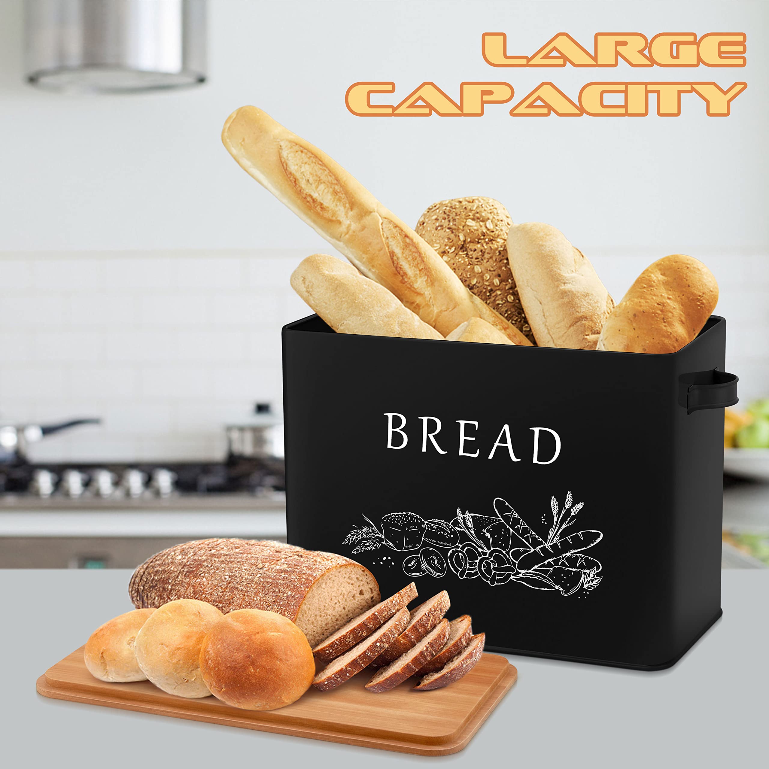 E-Far Bread Box For Kitchen Countertop, Metal Bread Storage Container Bin With Bamboo Lid For Cutting Bread, Extra Large & Farmh