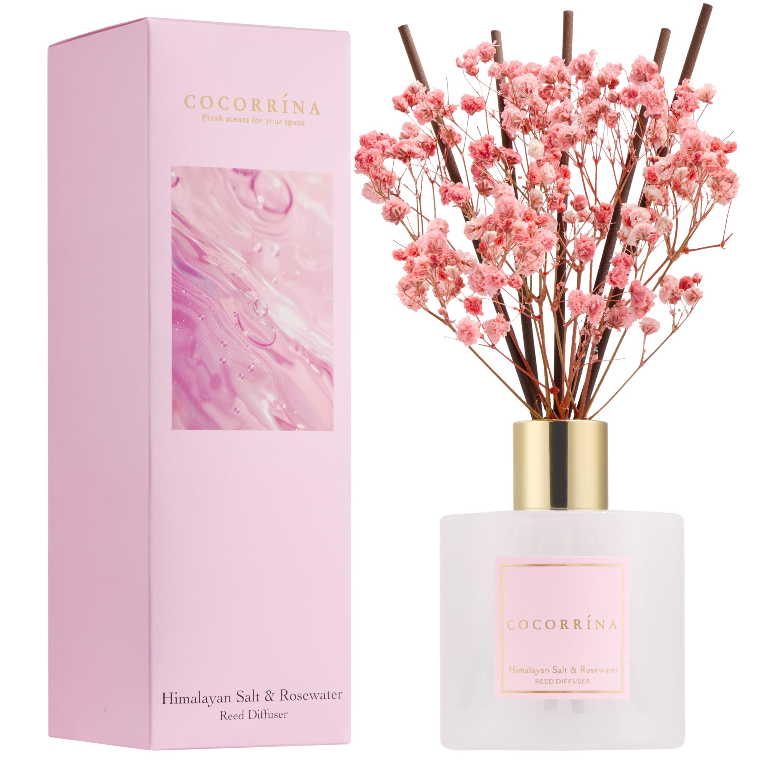 COCORR  NA Reed Diffuser - Himalayan Salt & Rosewater 6.7 Fl.oz Reed Diffuser Set with Sticks & Preserved Babys Breath, Reed Di
