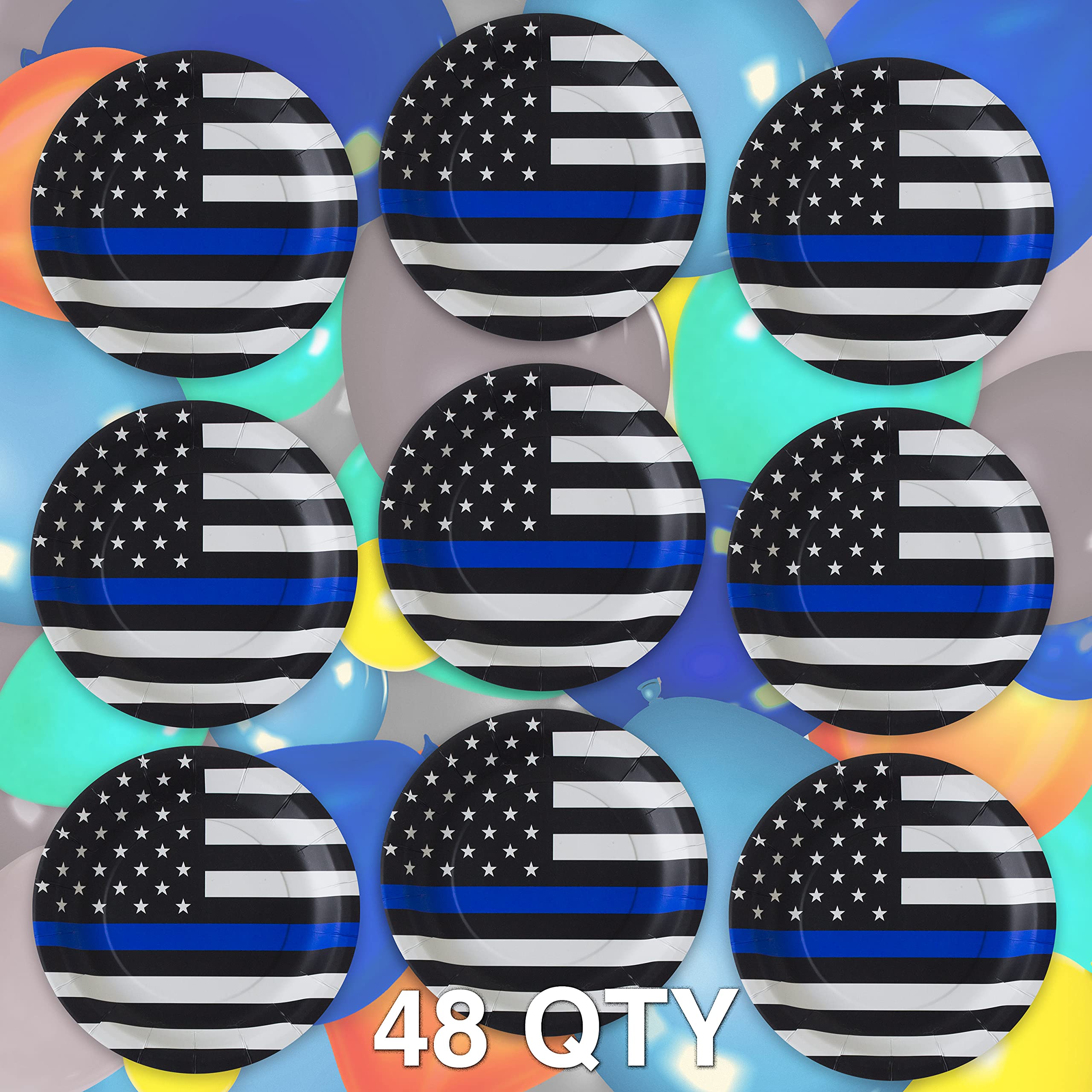 Havercamp Police-Thin Blue Line 9    Plates (48 Pack)! 48 Lg. Round Dinner Plates In The Official Thin Blue Line Flag Pattern.