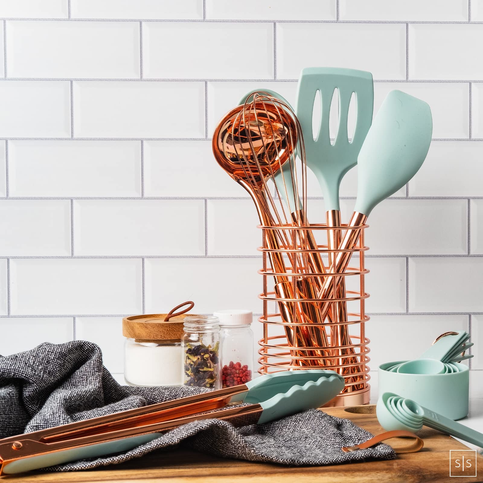 Copper And Teal Kitchen Utensils -17 Pc Copper Kitchen Utensils Set Includes Copper Utensil Holder & Teal Blue And Rose Gold Mea