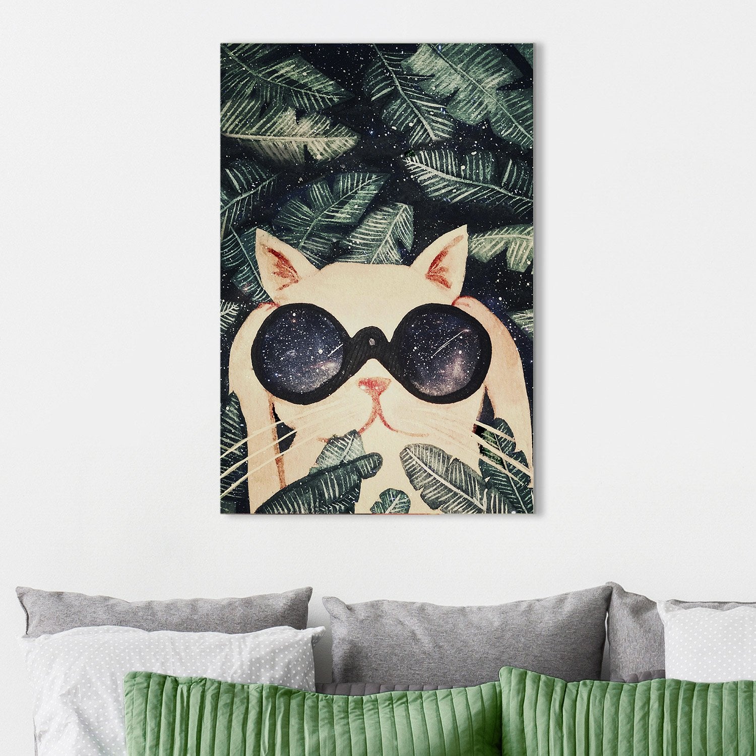 Wall26 Canvas Wall Art - Vintage Watercolor Style Cat With A Cool Telescope Under Starry Night With Big Tropical Leaves - Giclee