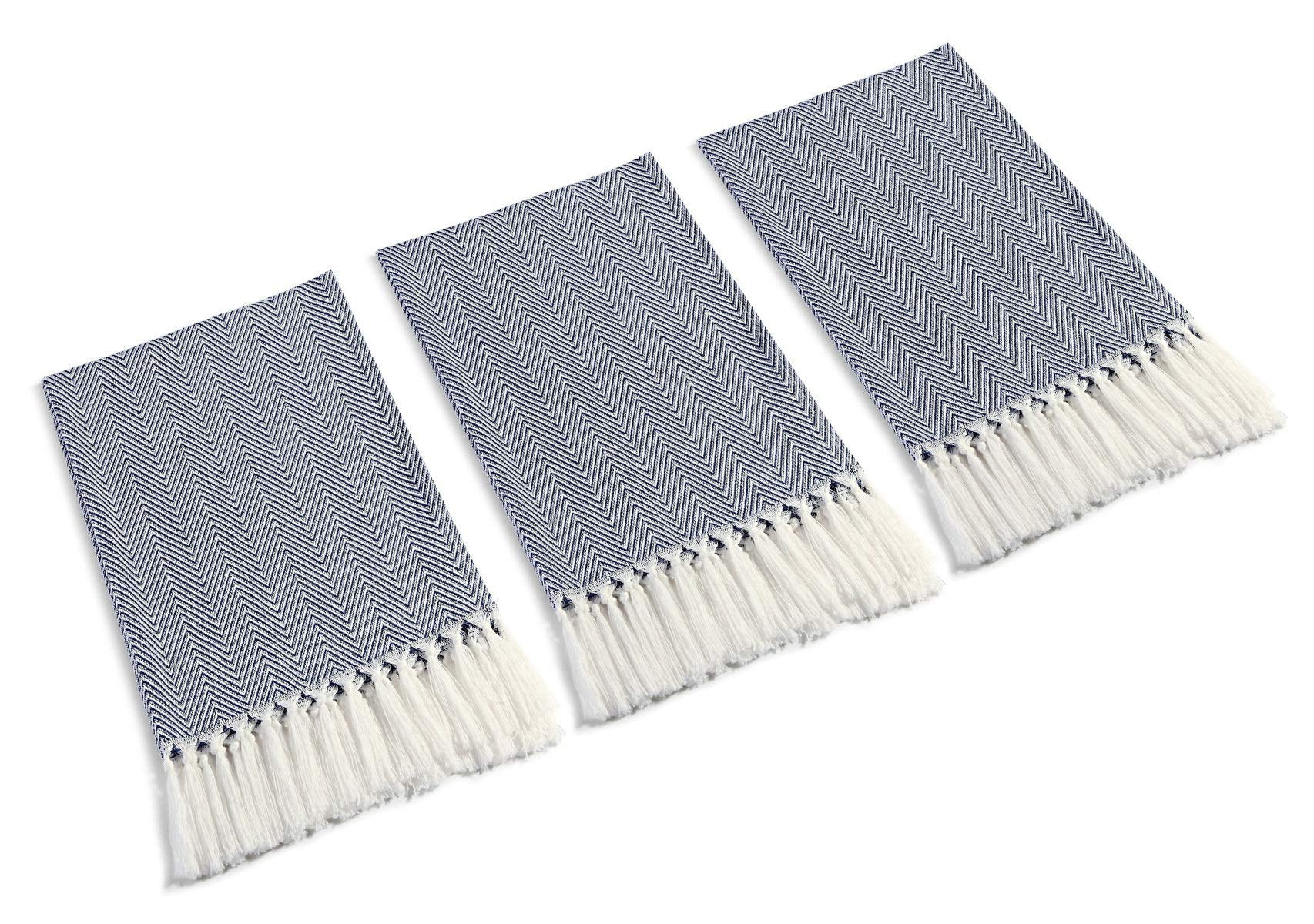 Mia'Sdream Tassels Cotton Bath Hand Towel Set Kitchen Tea Towel Dish Towels Set Napkin Washcloth 3 Pack 16Inch X 24Inch (Blue)