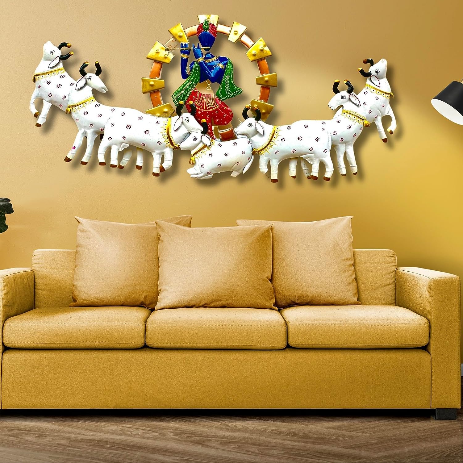 Metal Krishna Playing Basuri With Cow Wall Hanging For Home Decoration, Wall Sculpture For Living Room, Wall Hanging Decorative 