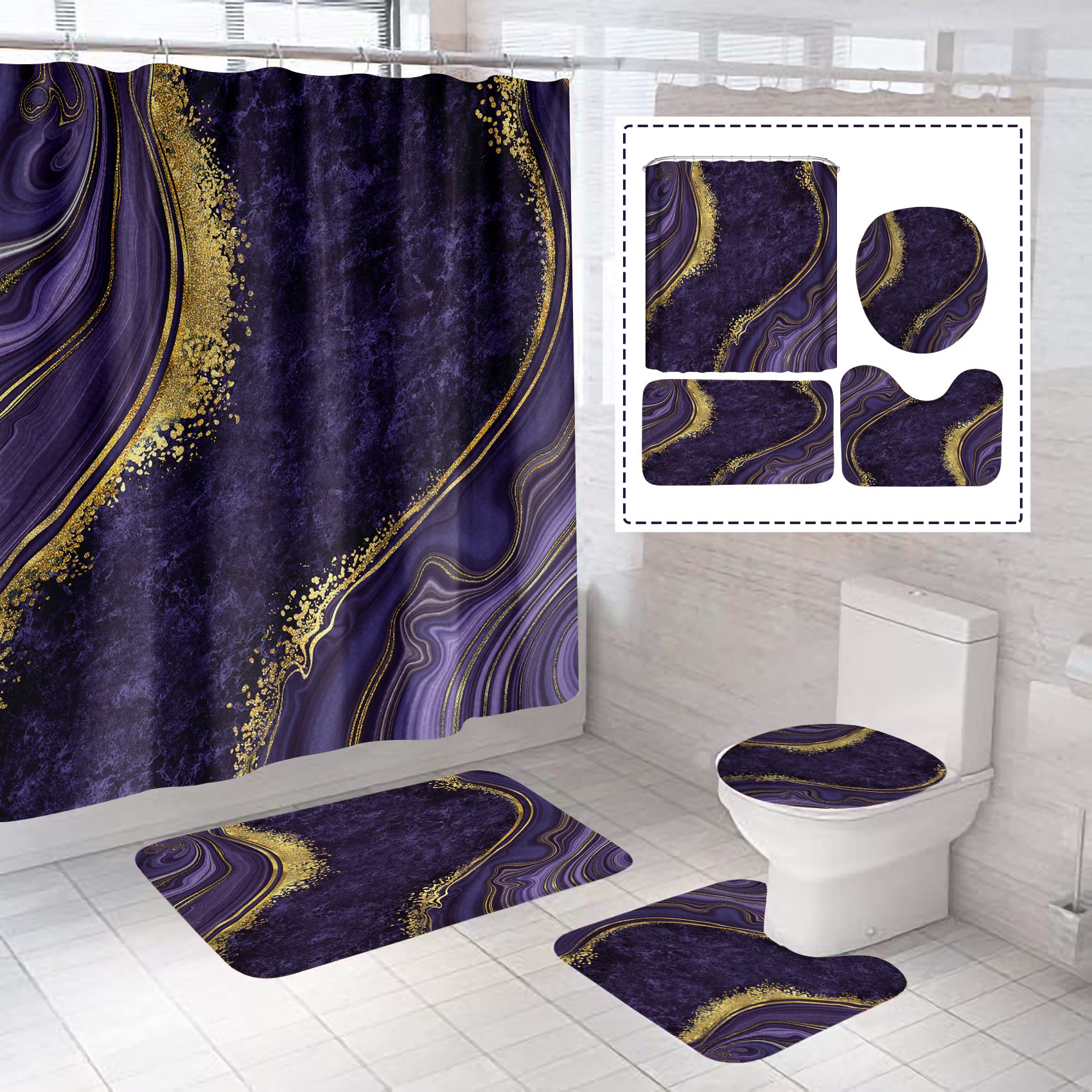 Beifivcl 4Pcs Luxury Marble Shower Curtain Sets, Bathroom Sets With Shower Curtain, Toilet Lid Rug, Bath Mat And Contour Mat, Sh