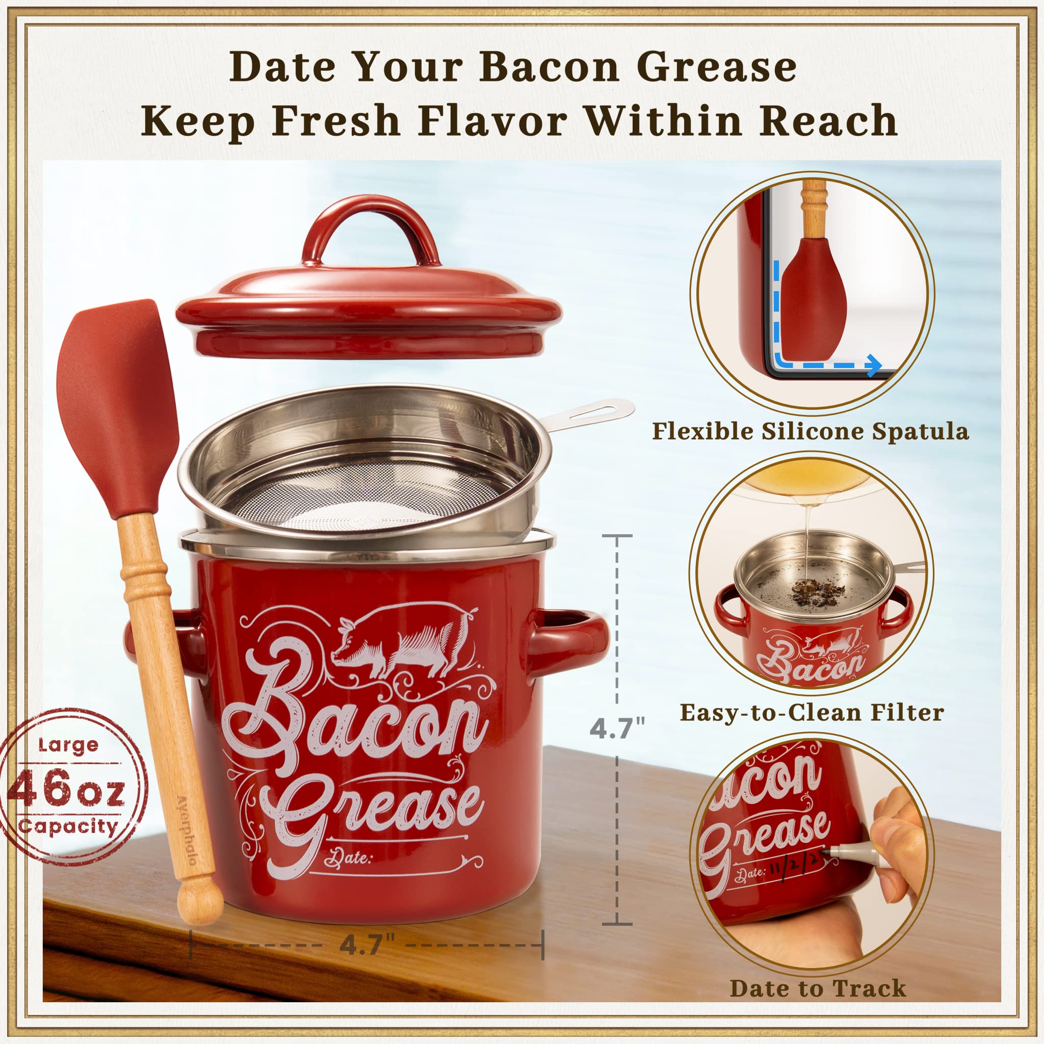 Ayerphalo Bacon Grease Container with Strainer, 46oz Enamel Keeper, Farmhouse Red, Includes Silicone Wooden Spatula