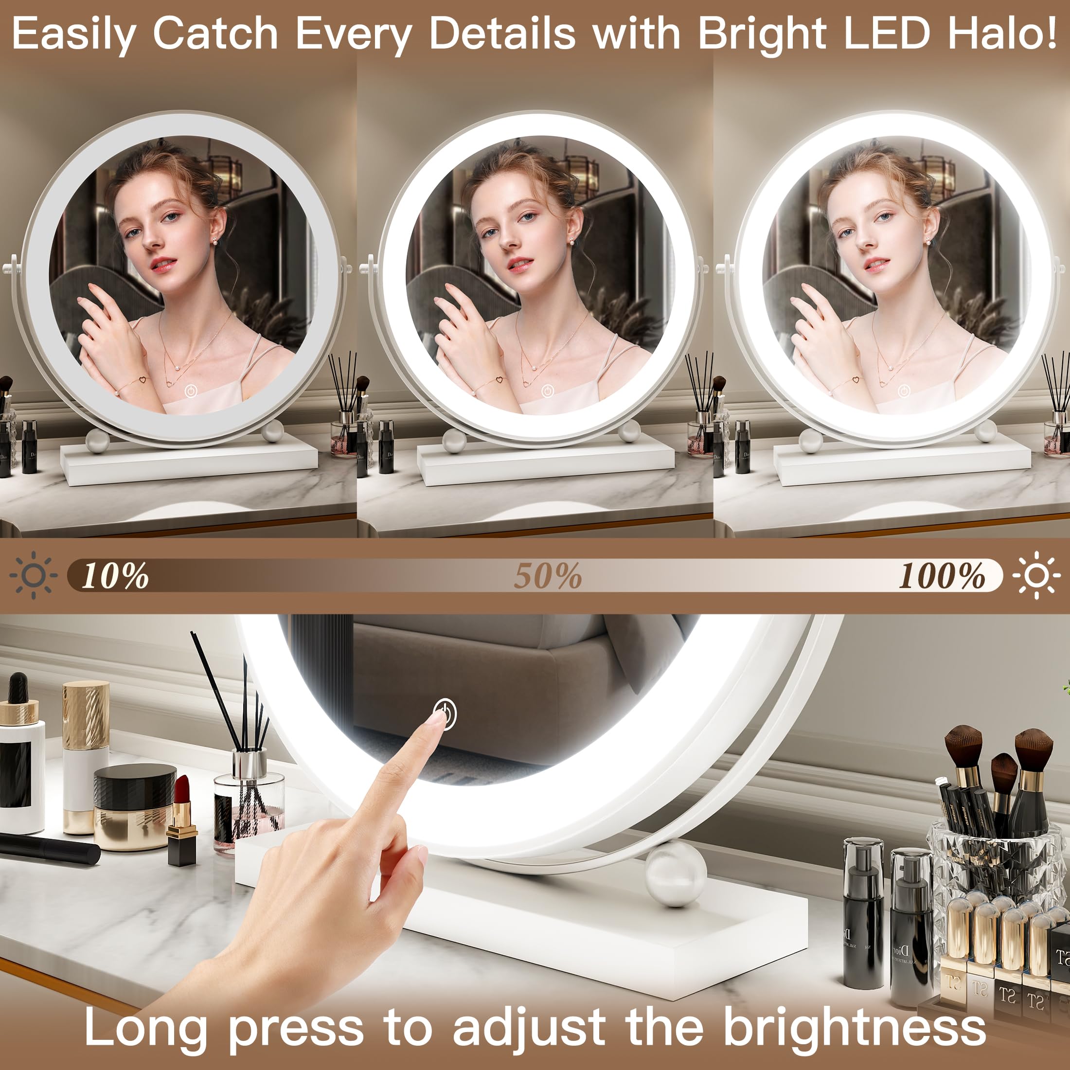 Rolove 13 Inch Vanity Mirror With Lights, Round Make Up Mirror With Lighting, Led Mirror Makeup Mirror With Lights For Bedroom T