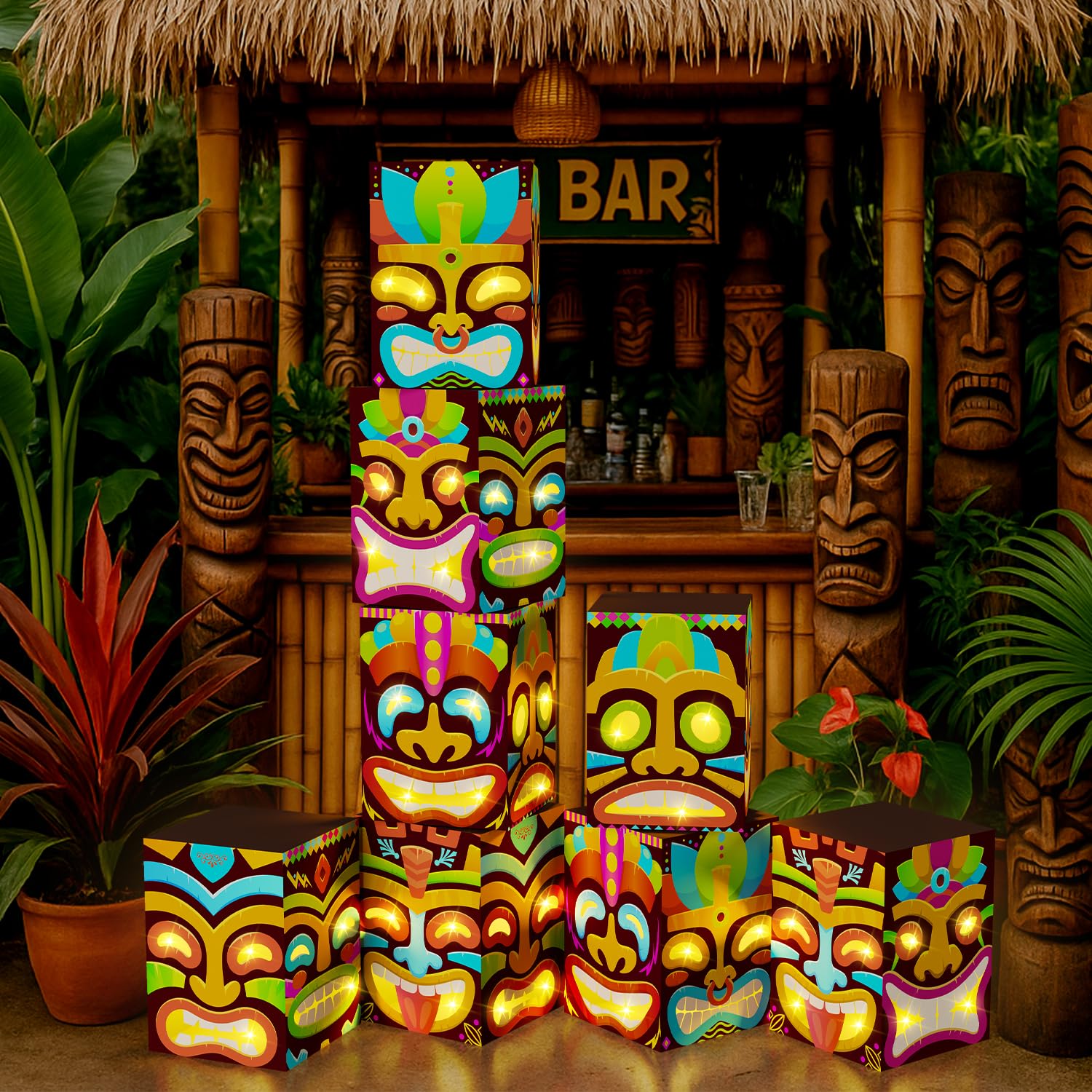 8 Pcs Tiki Totem Box Decor with Light, Luau Party Decorations for Hawaiian Birthday Party Tropical Aloha Decorations Tiki Lighte